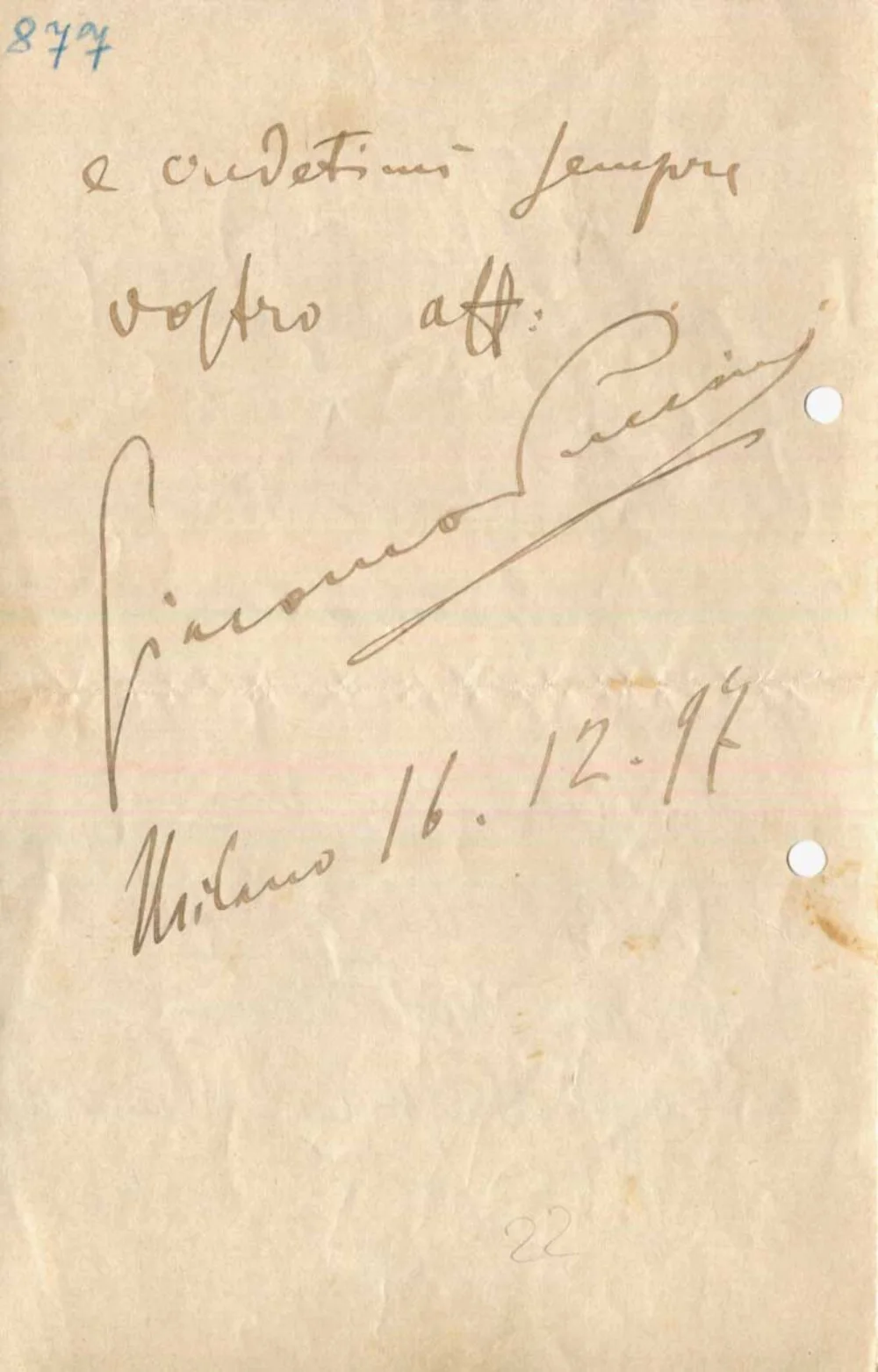 COMPOSER Giacomo Puccini autograph letter signed & mounted, image 4