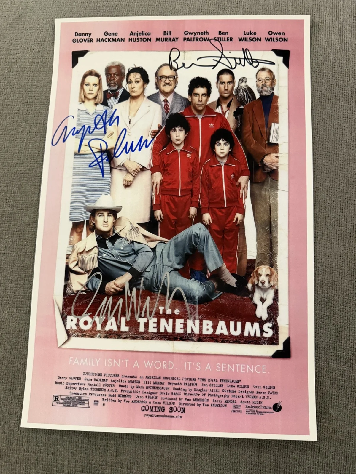 Ben Stiller, Gwyneth Paltrow and Owen Wilson — The Royal Tenenbaums Poster Hand Signed by Stiller, Paltrow, Wilson 11x17 w/ COA