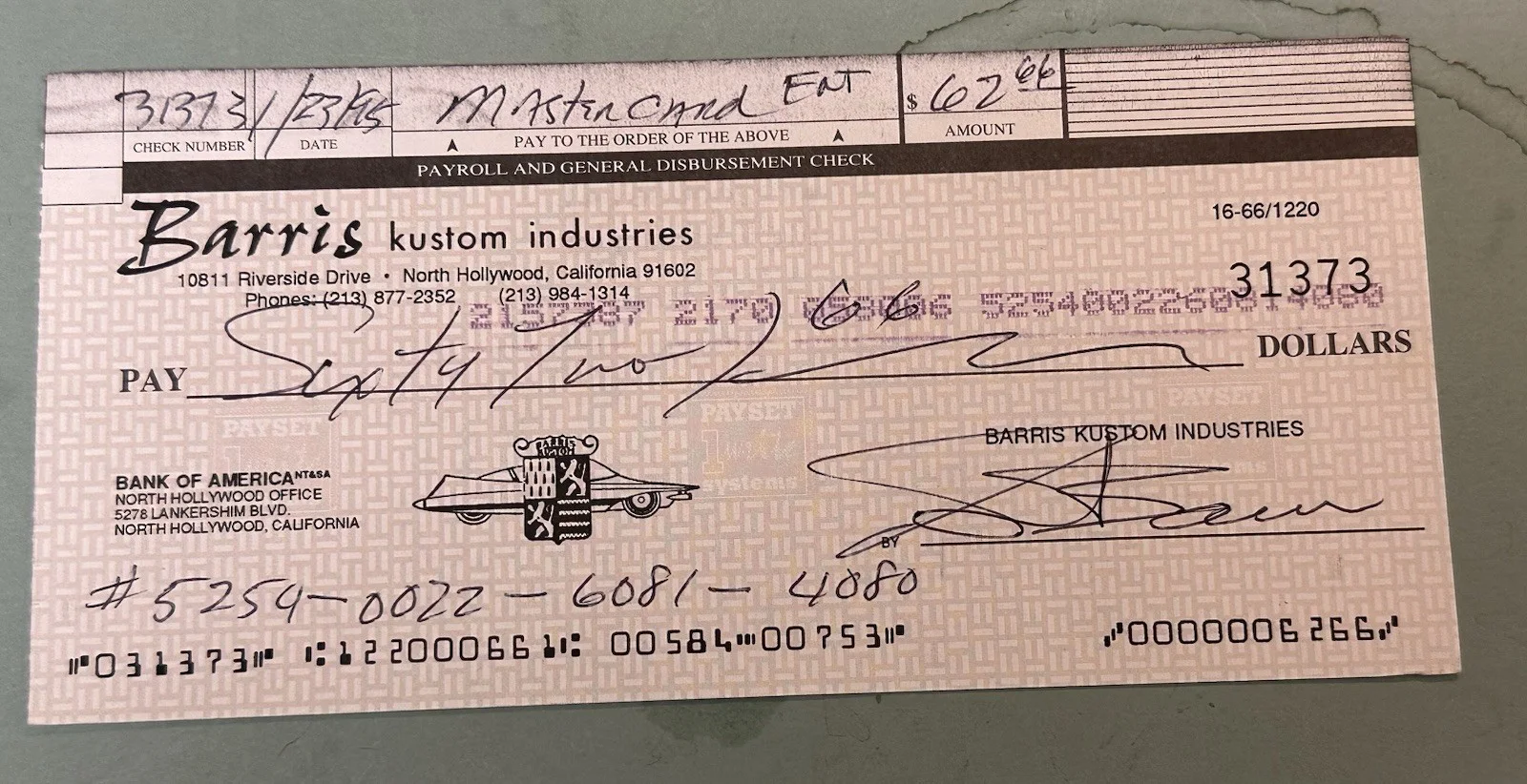 George Barris — George Barris Signed Business Check King of Kustoms Batmobile Dragula Munsters