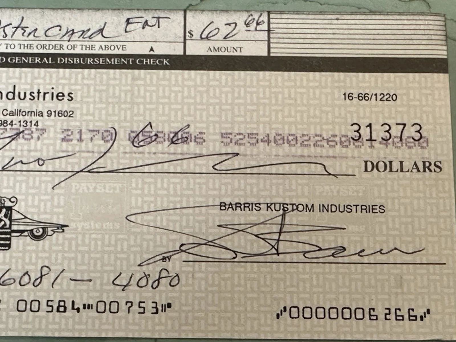George Barris — George Barris Signed Business Check King of Kustoms Batmobile Dragula Munsters, изображение 3