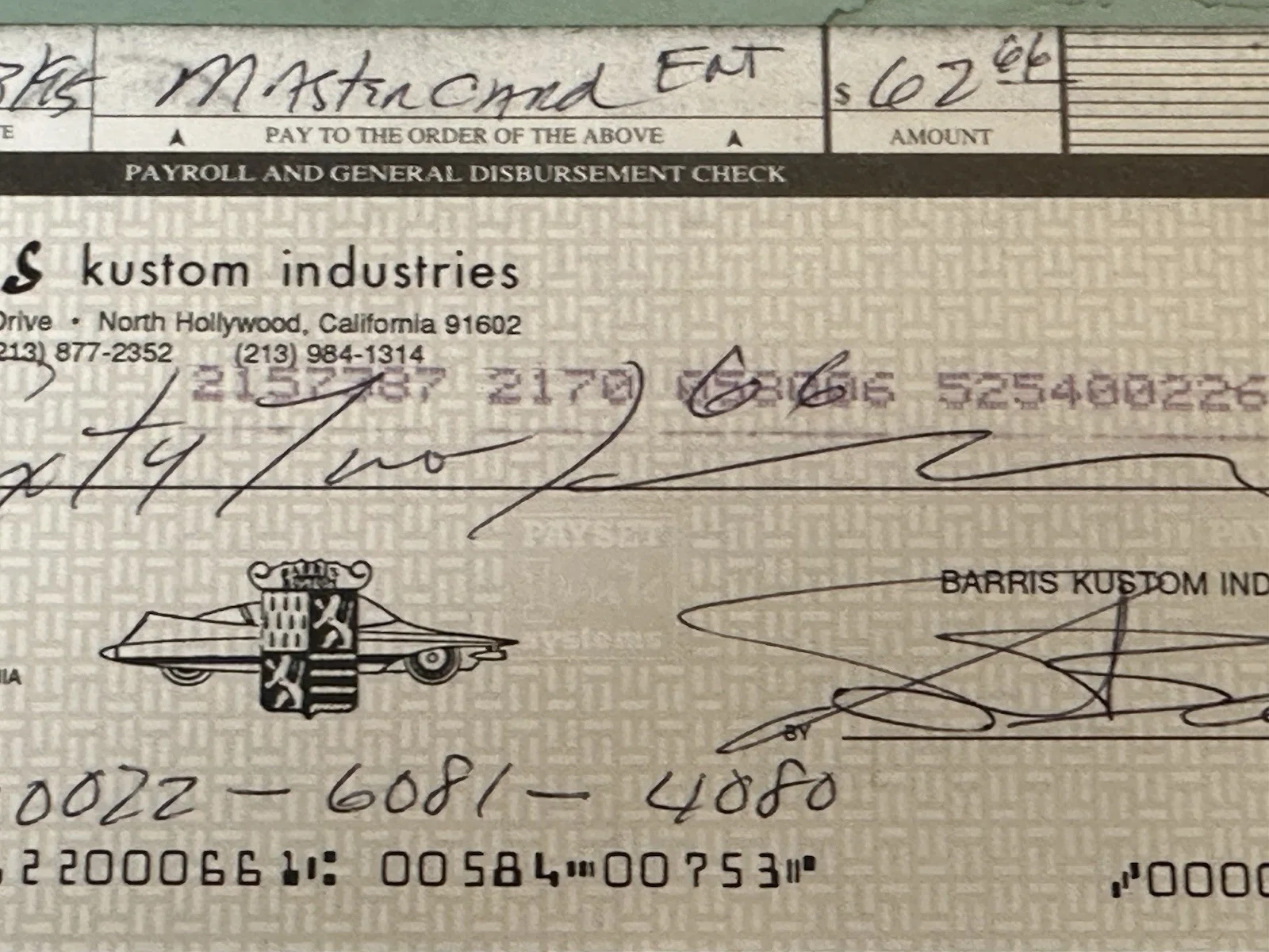 George Barris — George Barris Signed Business Check King of Kustoms Batmobile Dragula Munsters, изображение 4