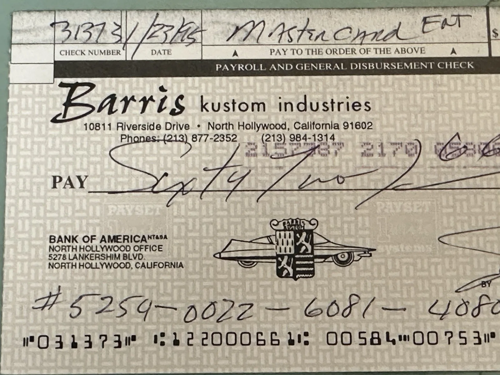 George Barris — George Barris Signed Business Check King of Kustoms Batmobile Dragula Munsters, изображение 5