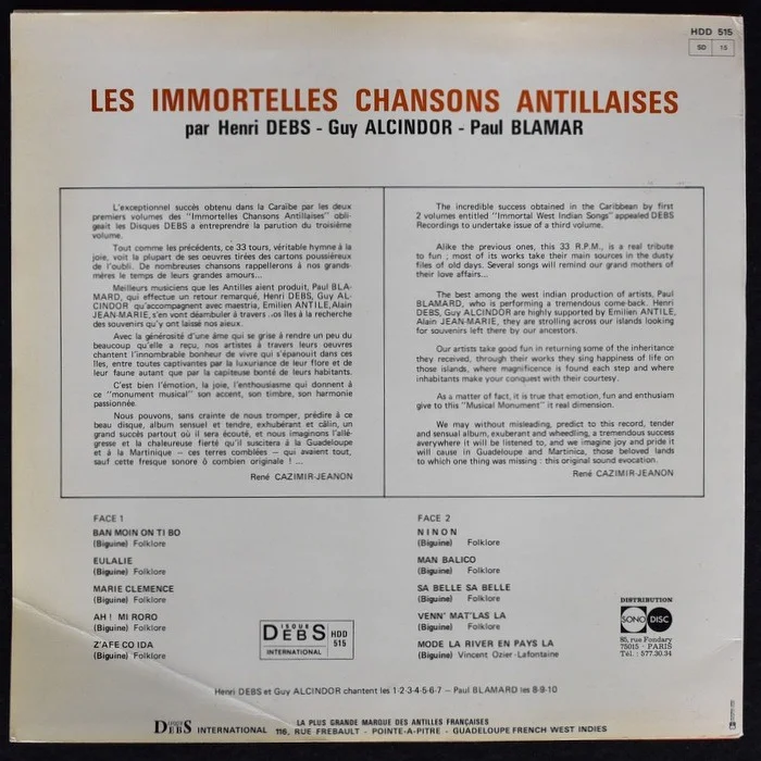 Les Immortelles Chansons Antillaises (Henri Debs / Guy Alcindor / Paul Blamar), image 4