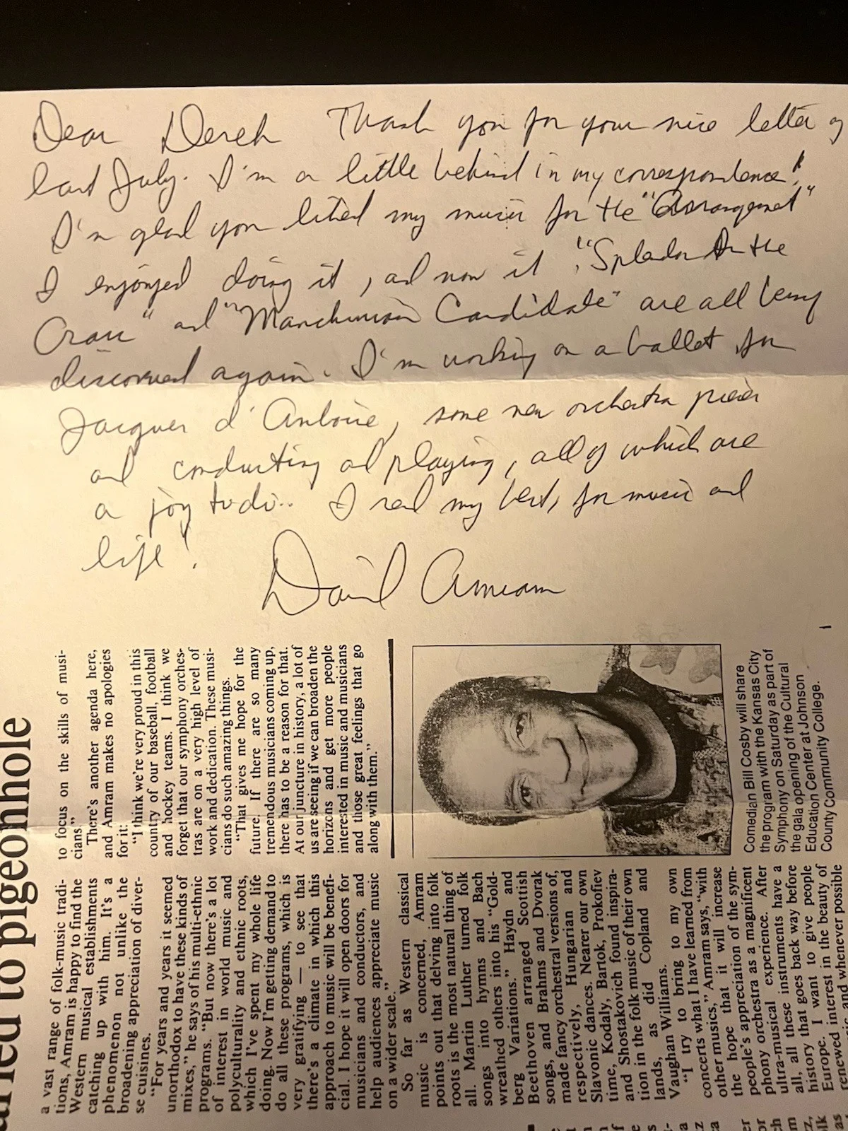 David Amram — Composer David Amram Signed Note ‘Manchurian Candidate’ ‘Splendor in the Grass’, image 3
