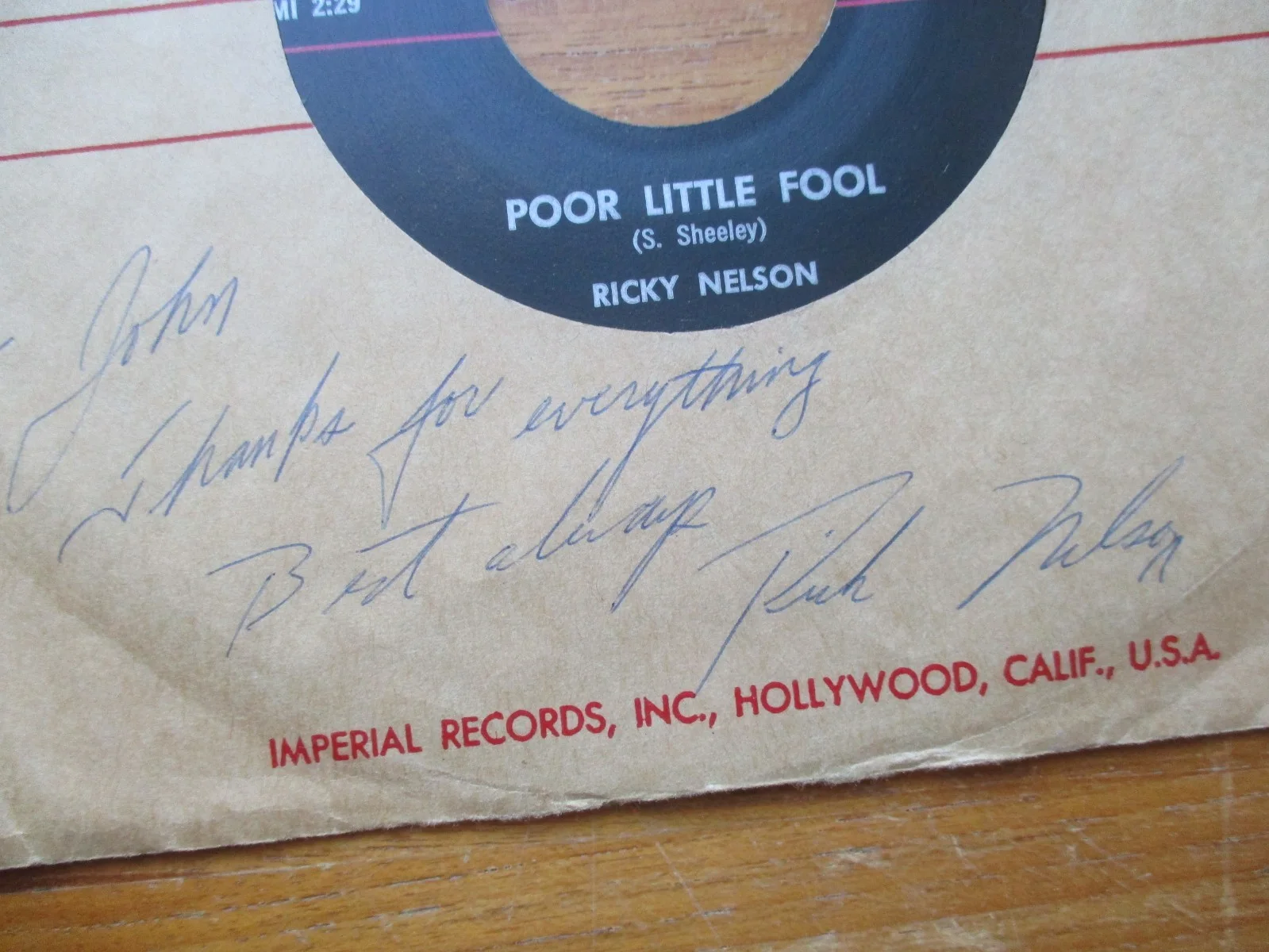 Ricky Nelson Signed/Inscribed 45 RPM Poor Little Fool John Gilliland Estate, изображение 2
