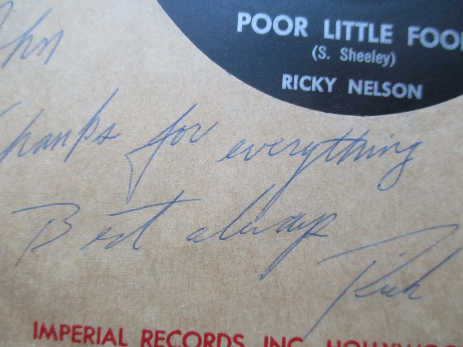 Ricky Nelson Signed/Inscribed 45 RPM Poor Little Fool John Gilliland Estate, изображение 4