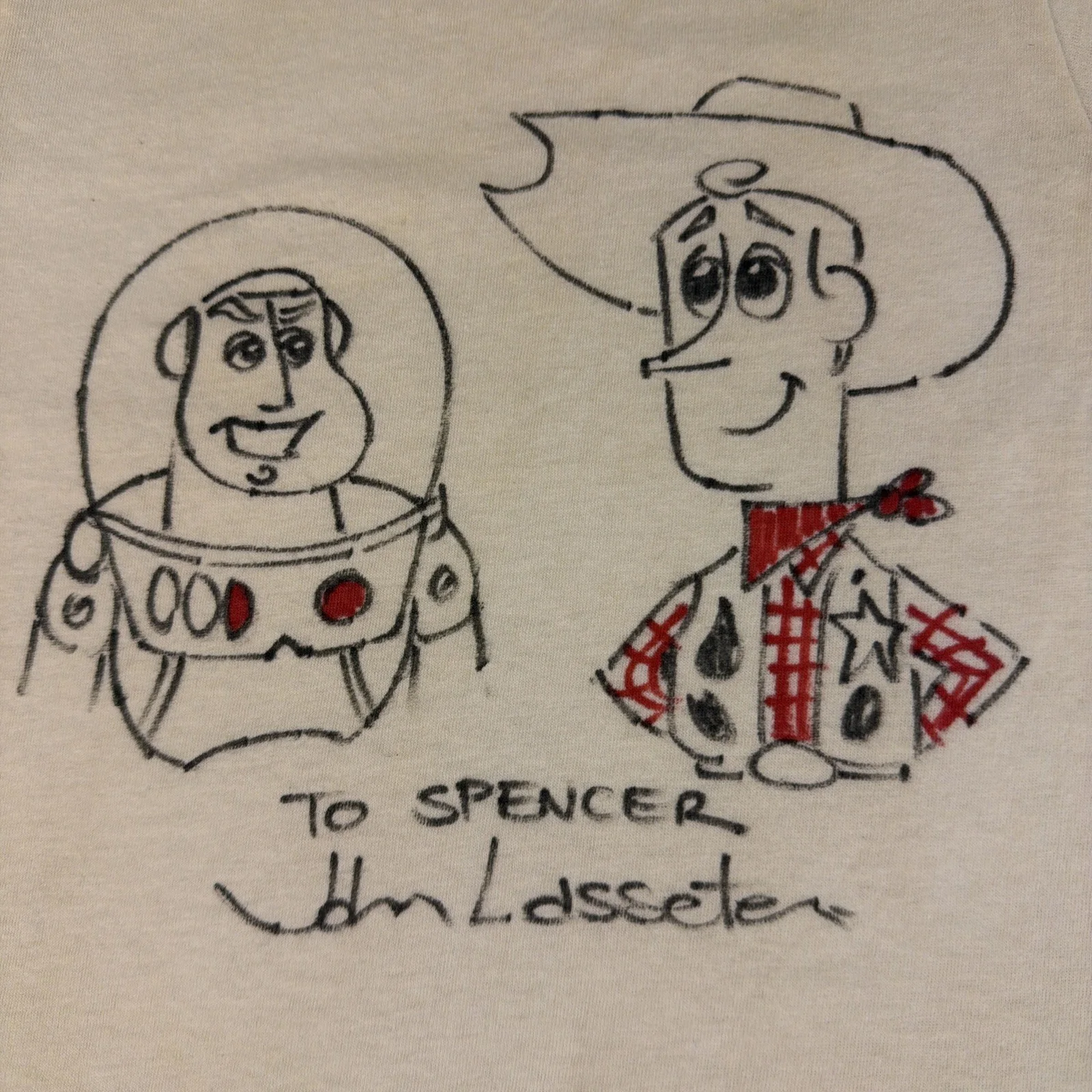 John Lasseter — John Lasseter Signed & Sketched Shirt Toy Story Pixar Woody Buzz Lightyear VTG, изображение 2