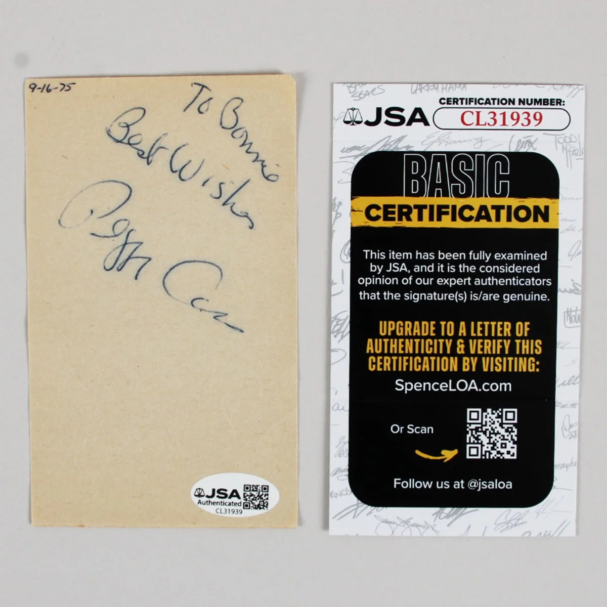 Peggy Cass Signed 3×5 Paper Cut 1975 COA JSA, image 3