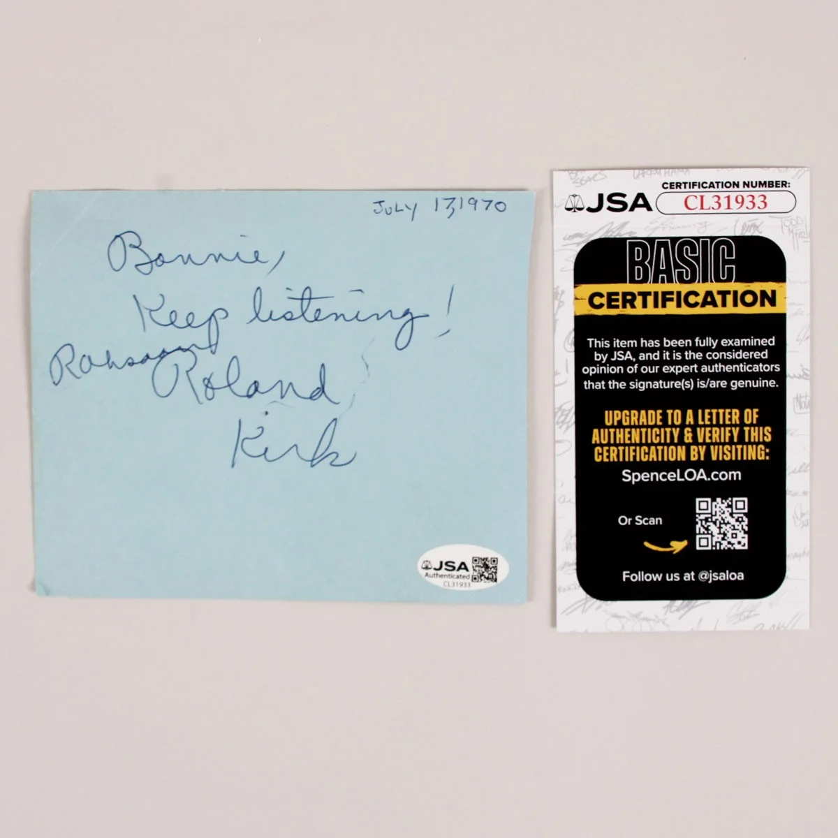 Rahsaan Roland Kirk signed 4 1/2 x 5 1/2 Paper sheet 1970 COA JSA, изображение 3