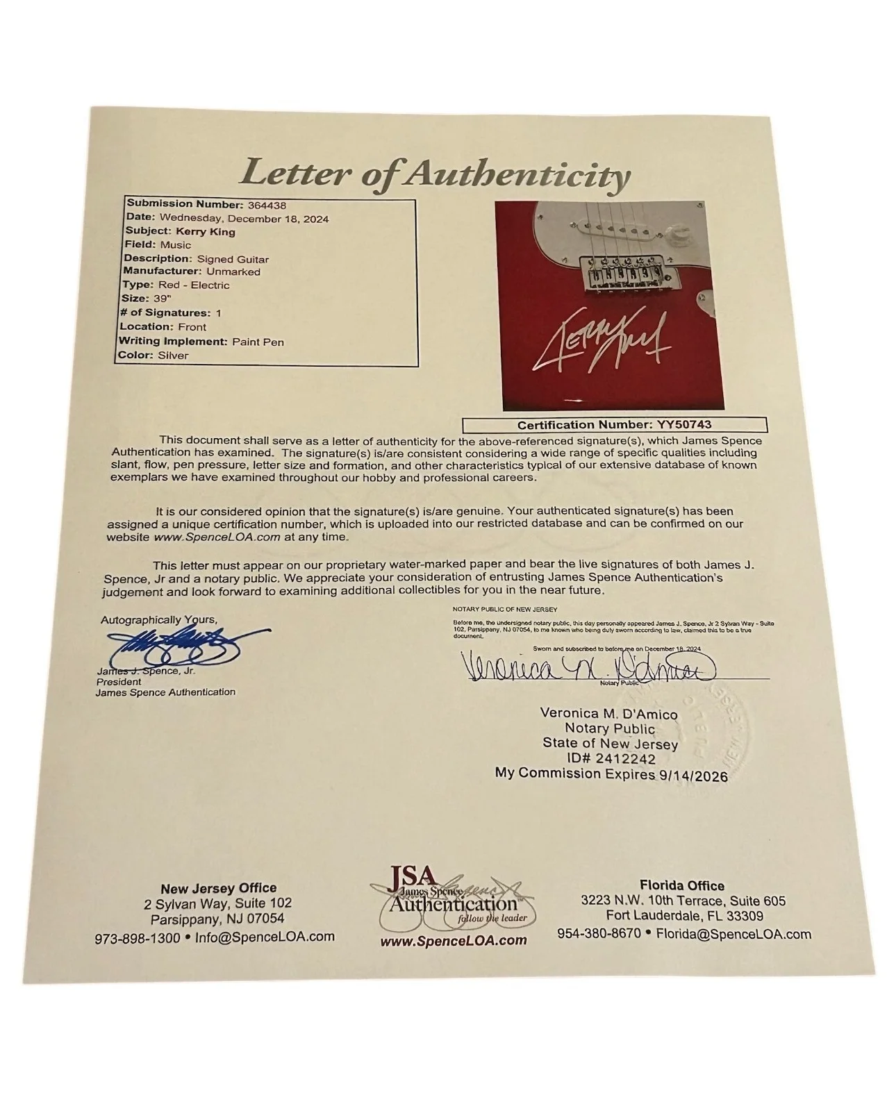 Kerry King of Slayer signed Electric Guitar JSA COA LOA, изображение 3