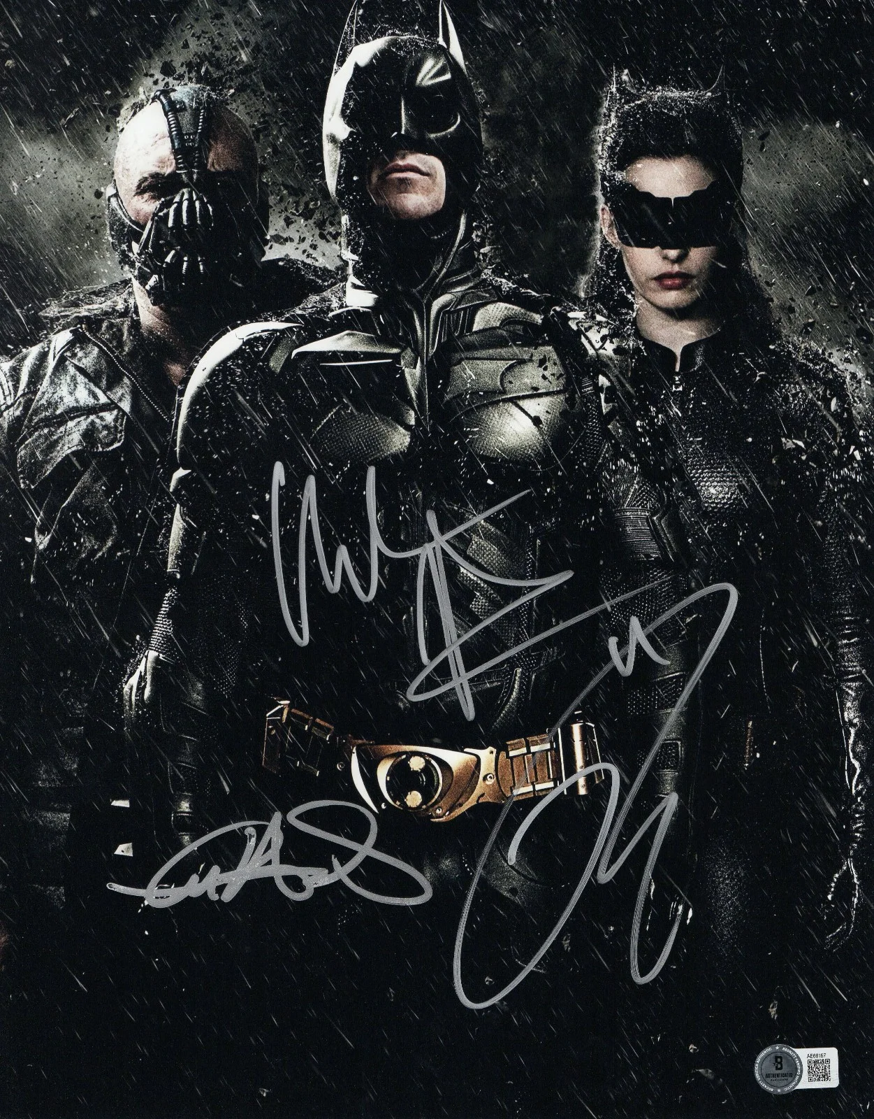 Christian Bale Anne Hathaway Tom Hardy — Christian Bale Anne Hathaway Tom Hardy Signed Autograph Batman 11X14 PHOTO BAS