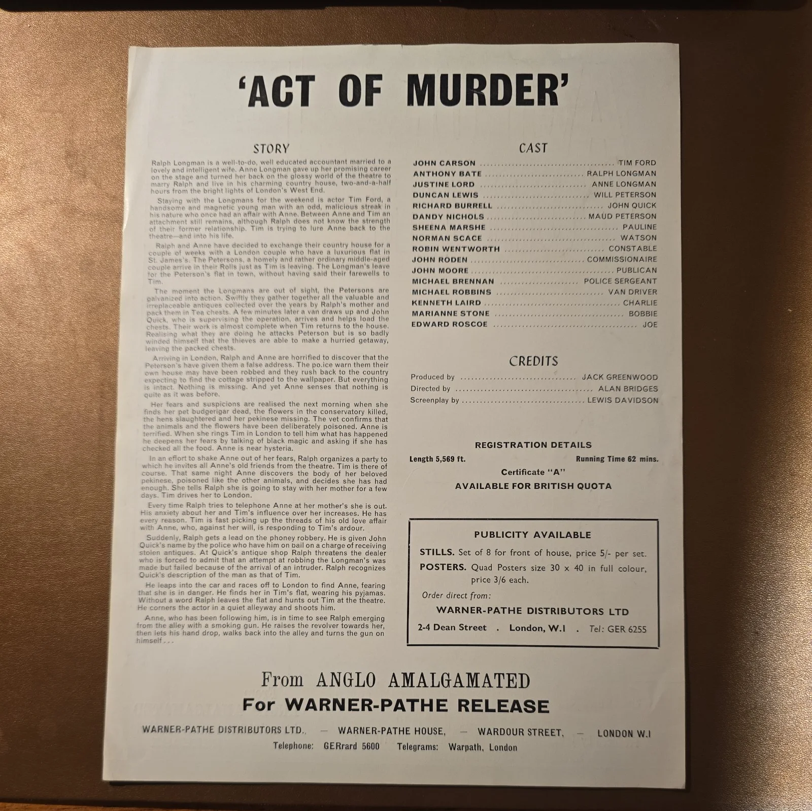 ACT OF MURDER UK press sheet 1964 Alan Bridges John Carson Anthony Bate, изображение 2