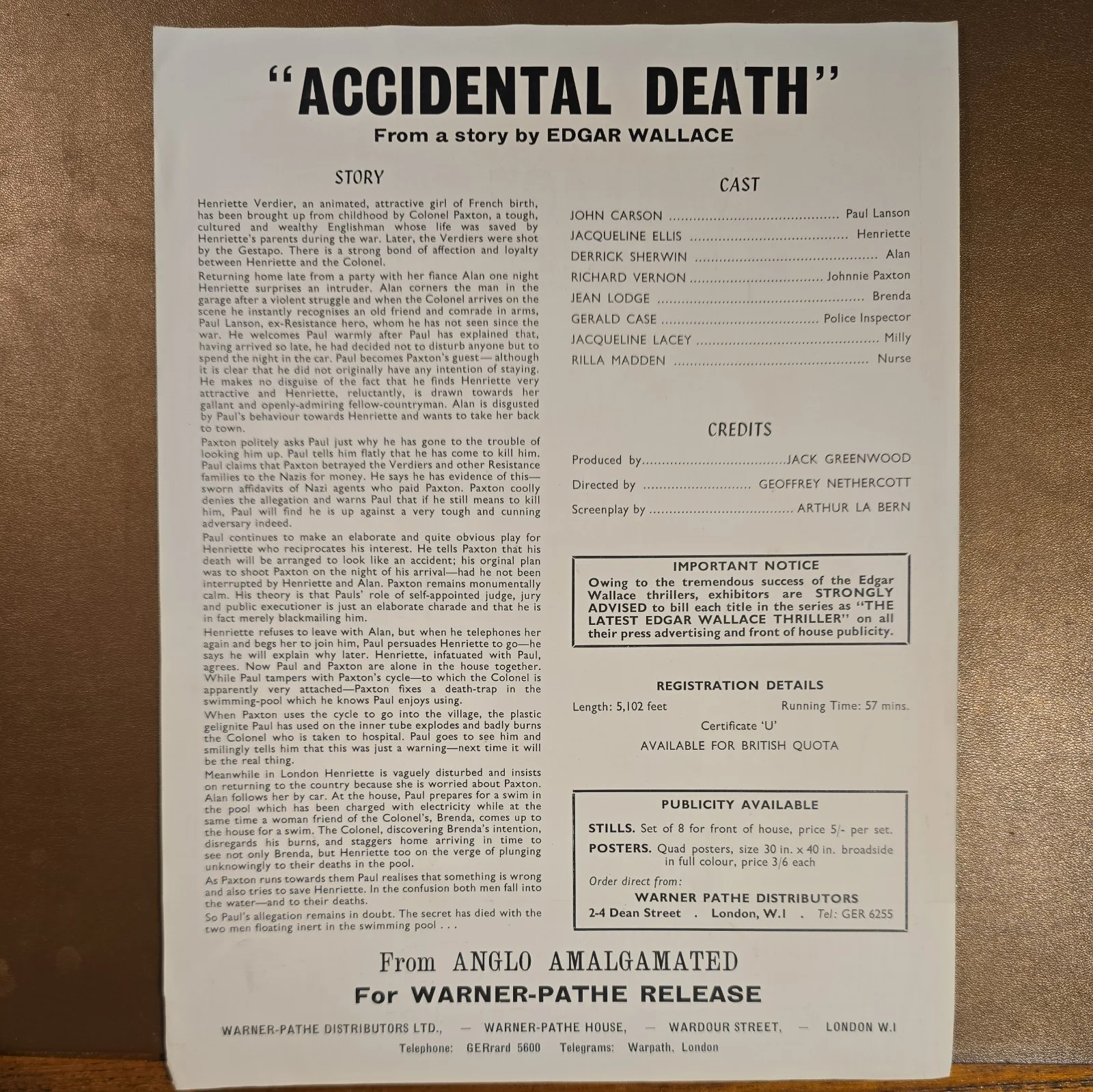 ACCIDENTAL DEATH UK press sheet 1963 Edgar Wallace John Carson Jacqueline Ellis, изображение 2