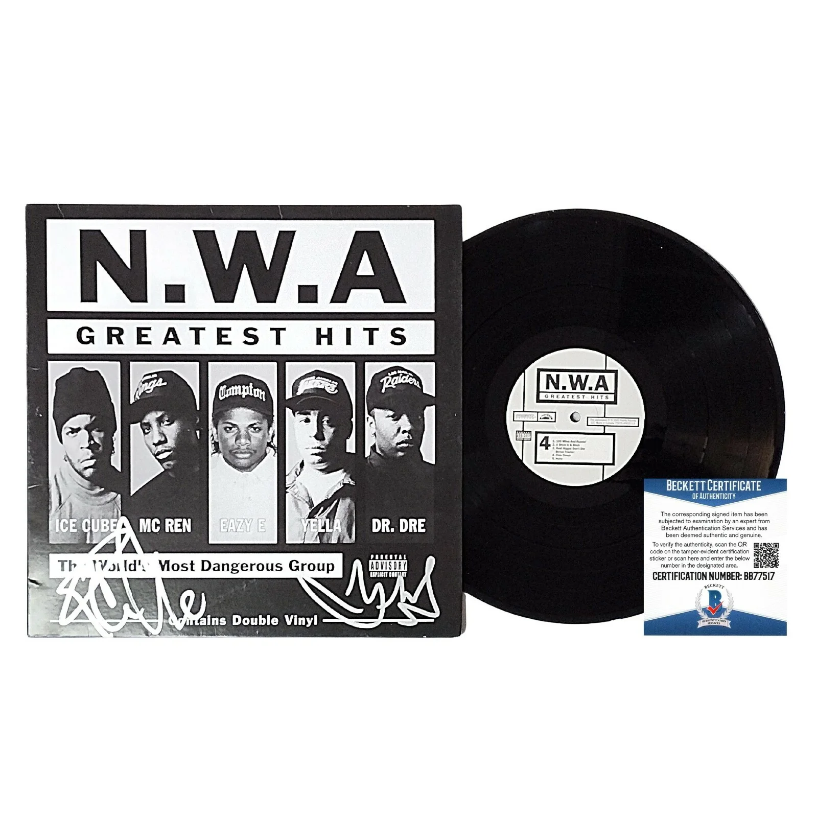 Ice Cube and DJ Yella — Ice Cube Signed NWA Vinyl Greatest Hits Album Beckett Auto DJ Yella Rap Hip Hop