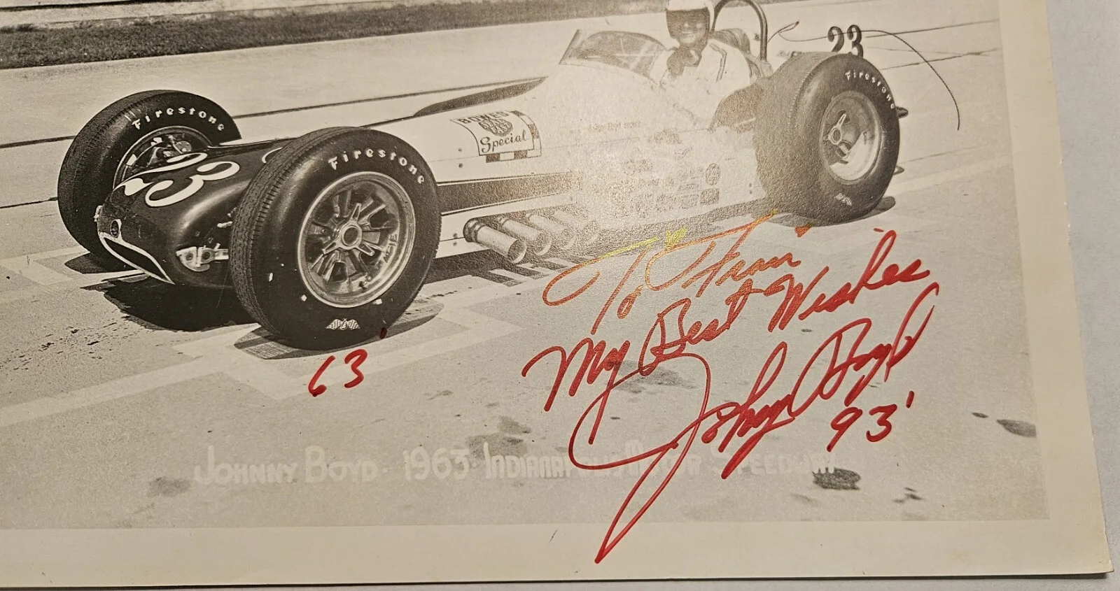 Johnny Boyd — Autograph Photo of Johnny Boyd #23 at 1963 Indianapolis Motor Speedway (1993), изображение 2