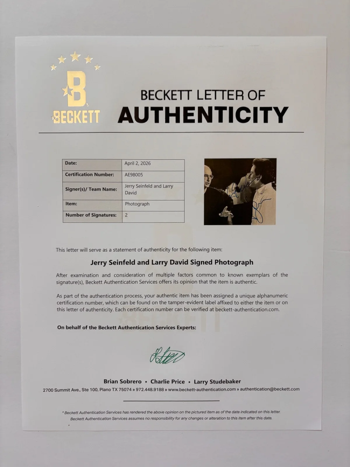 JERRY SEINFELD & LARRY DAVID DUAL SIGNED 11X14 TV SHOW PHOTO DIRECTOR BAS, image 5