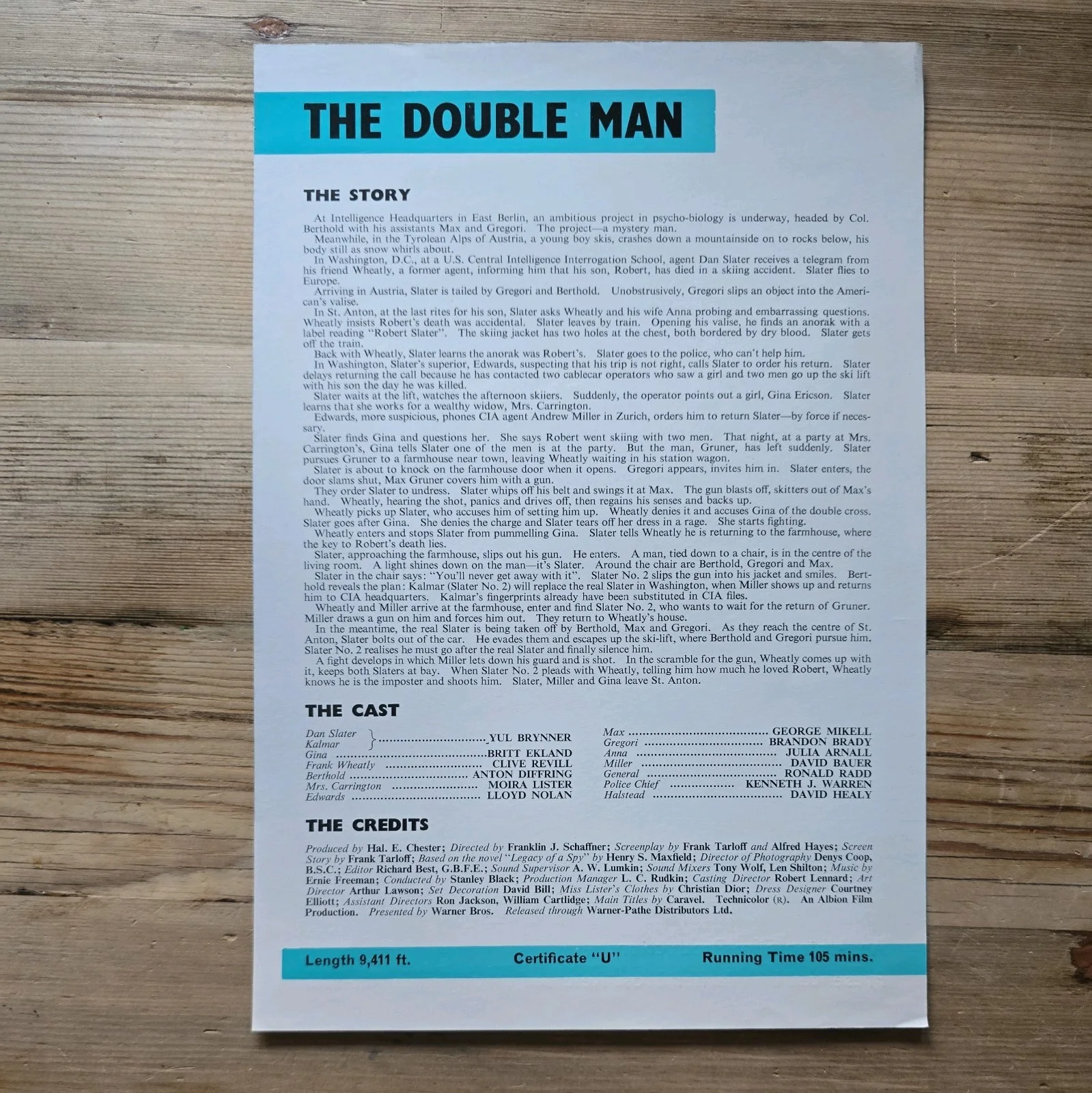 THE DOUBLE MAN press sheet 1969 Yul Brunner Britt Ekland Clive Revill, image 2