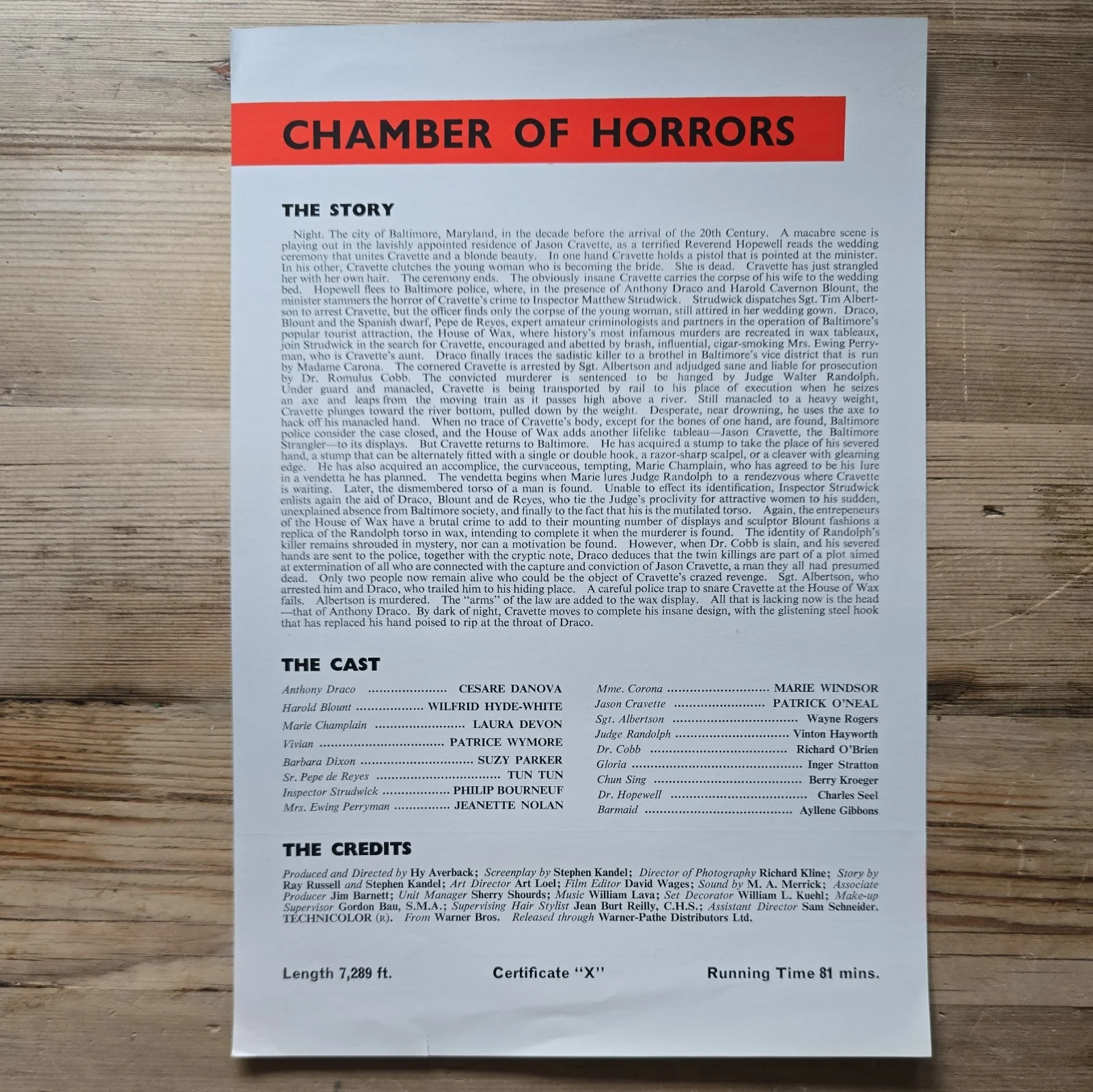 CHAMBER OF HORRORS press sheet 1969 Cesare Danova Wilfrid Hyde-White Laura Devon, изображение 2