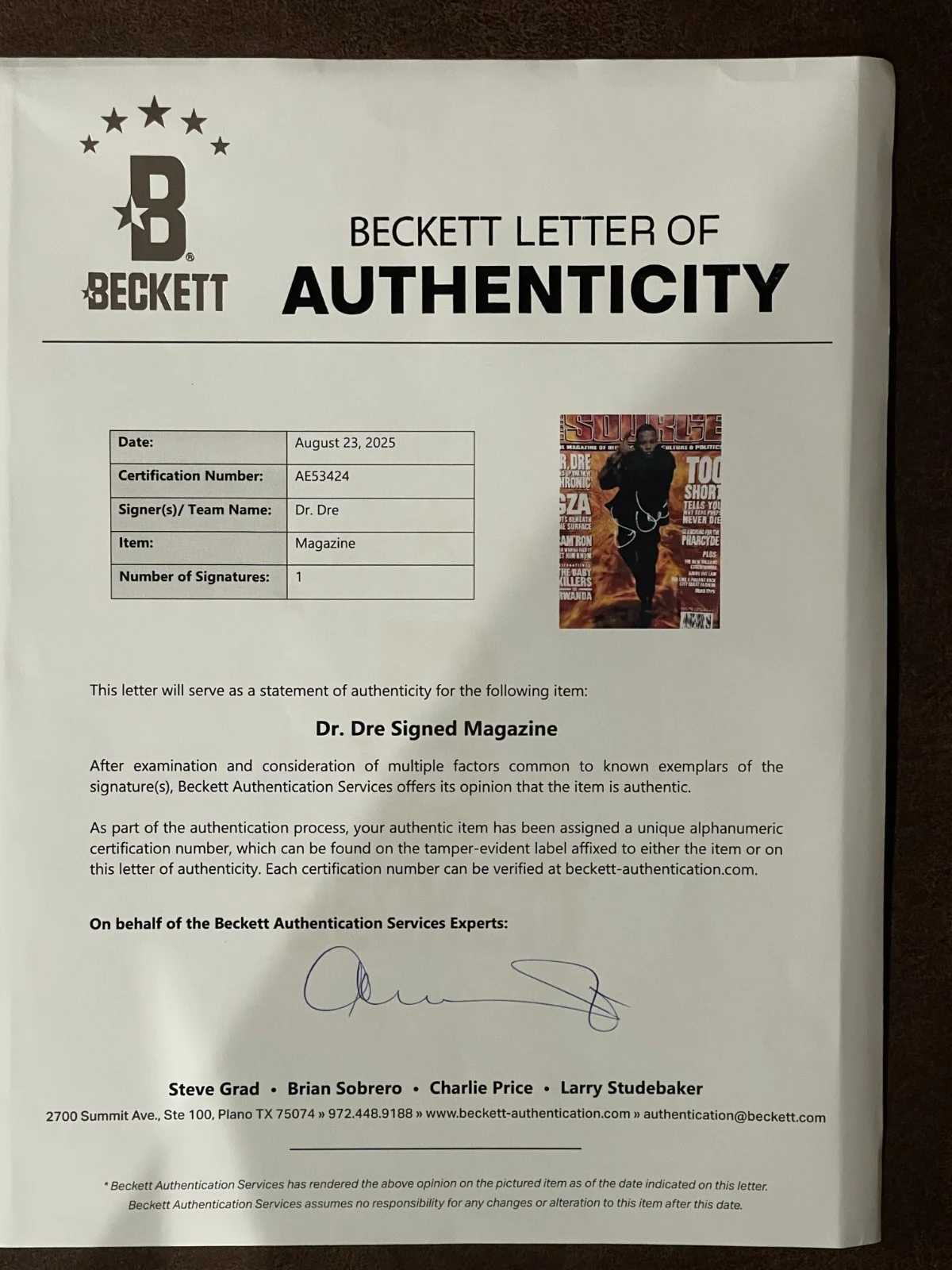 Dr. Dre Signed Magazine August 1999 Beckett BAS Fresh slab and Full COA Letter!, изображение 4