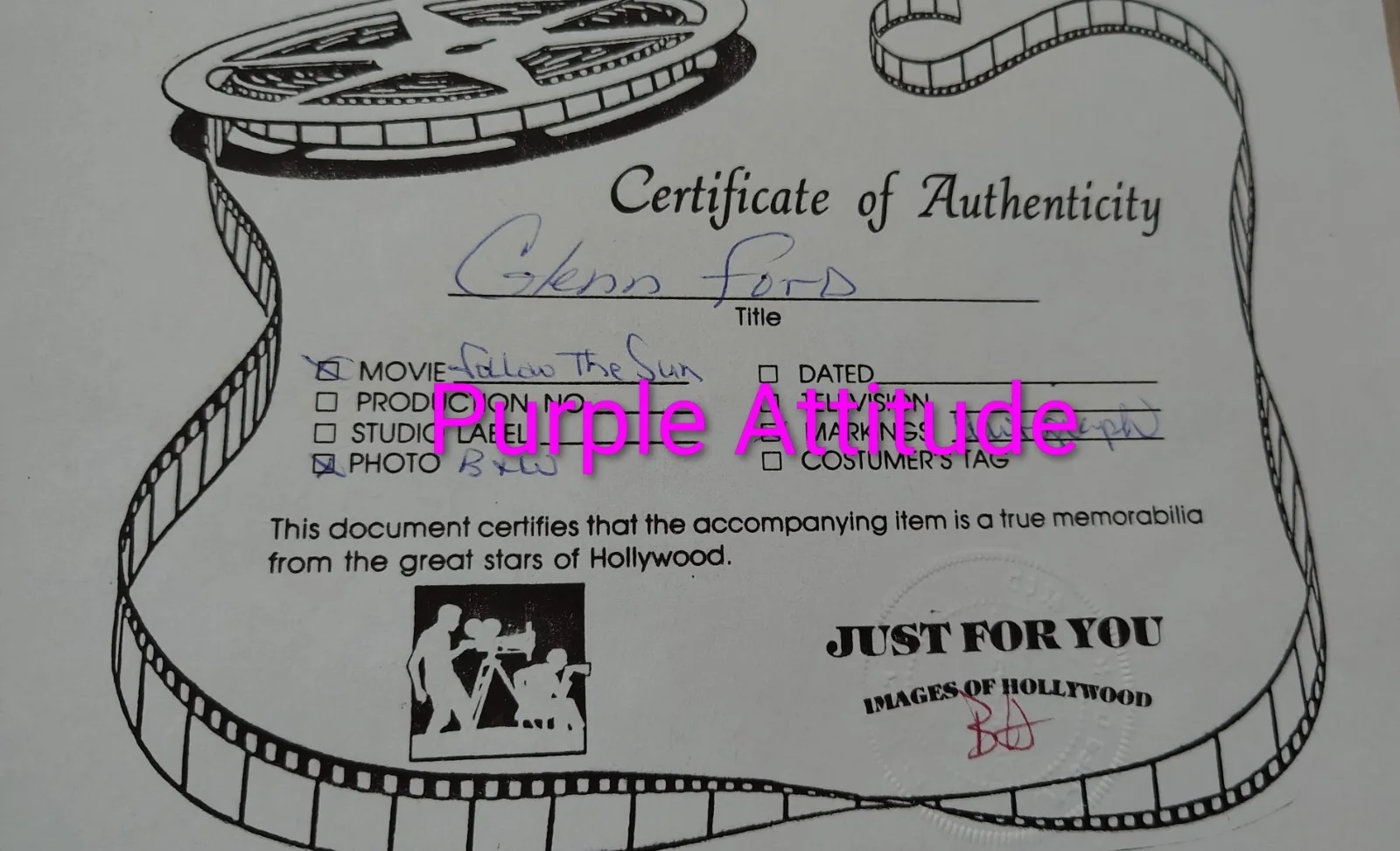 Glenn Ford — ​GLENN FORD Signed 1951 Follow the Sun Movie Still w/ COA - Vintage - ESTATE, изображение 4