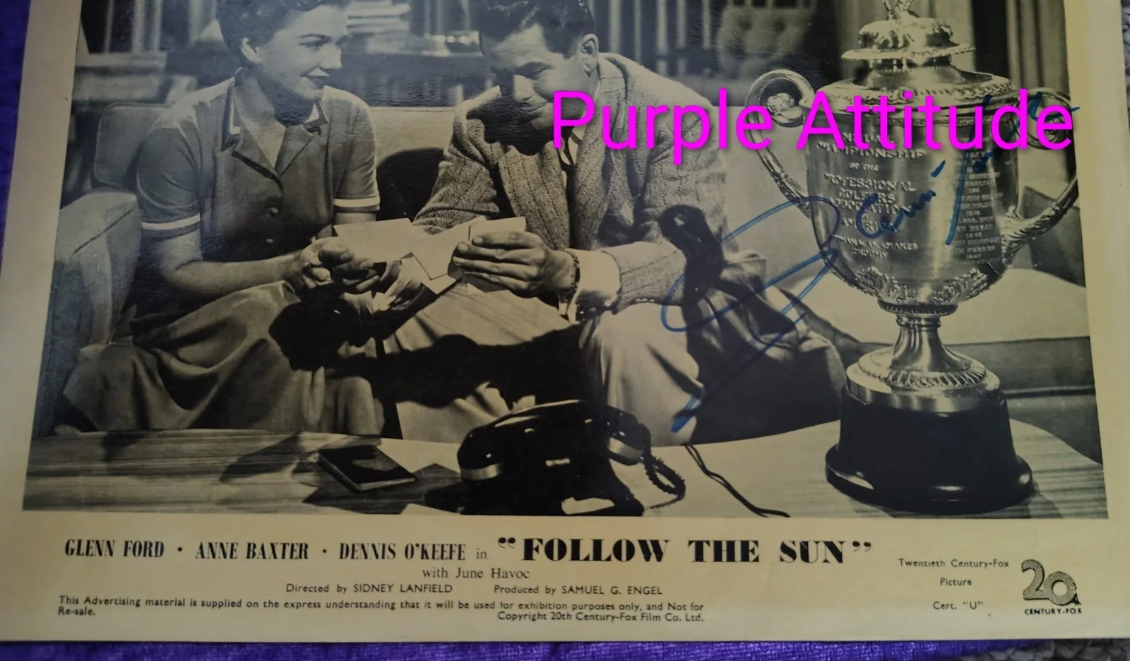 Glenn Ford — ​GLENN FORD Signed 1951 Follow the Sun Movie Still w/ COA - Vintage - ESTATE, изображение 5