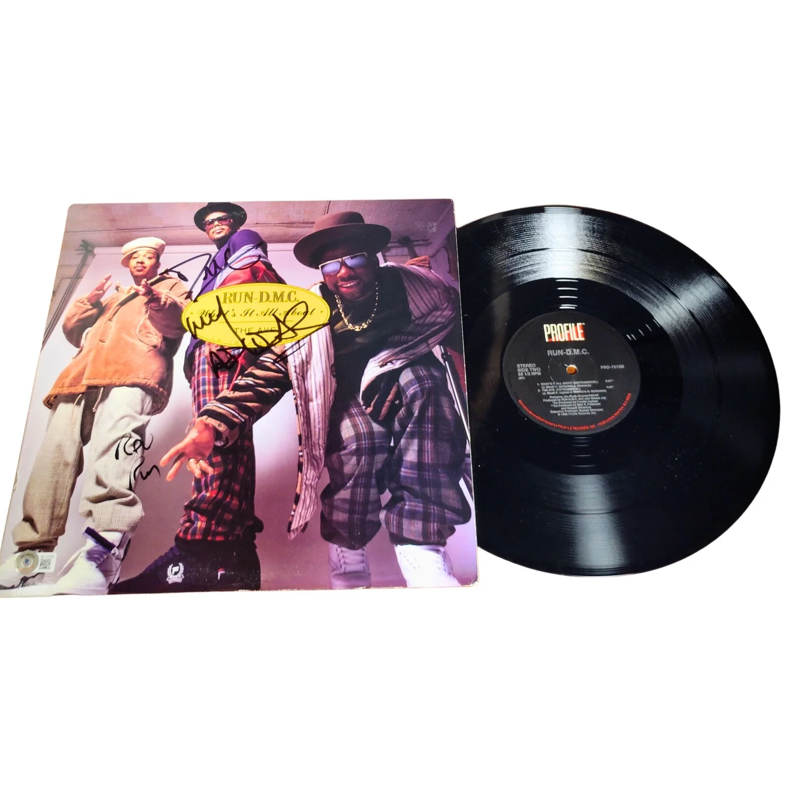 Darryl DMC McDaniels, Rev Run — Run DMC Signed Whats It All About The Ave 12 Inch Vinyl Single Beckett BAS COA