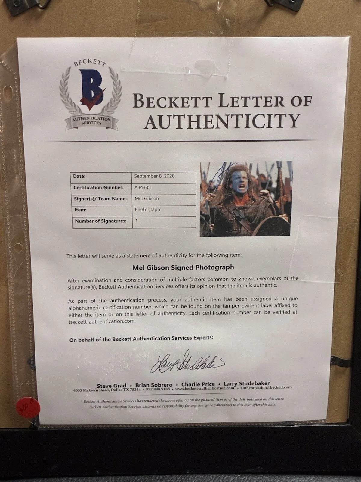 Mel Gibson Brave Heart Beckett Photo With LOA, image 3