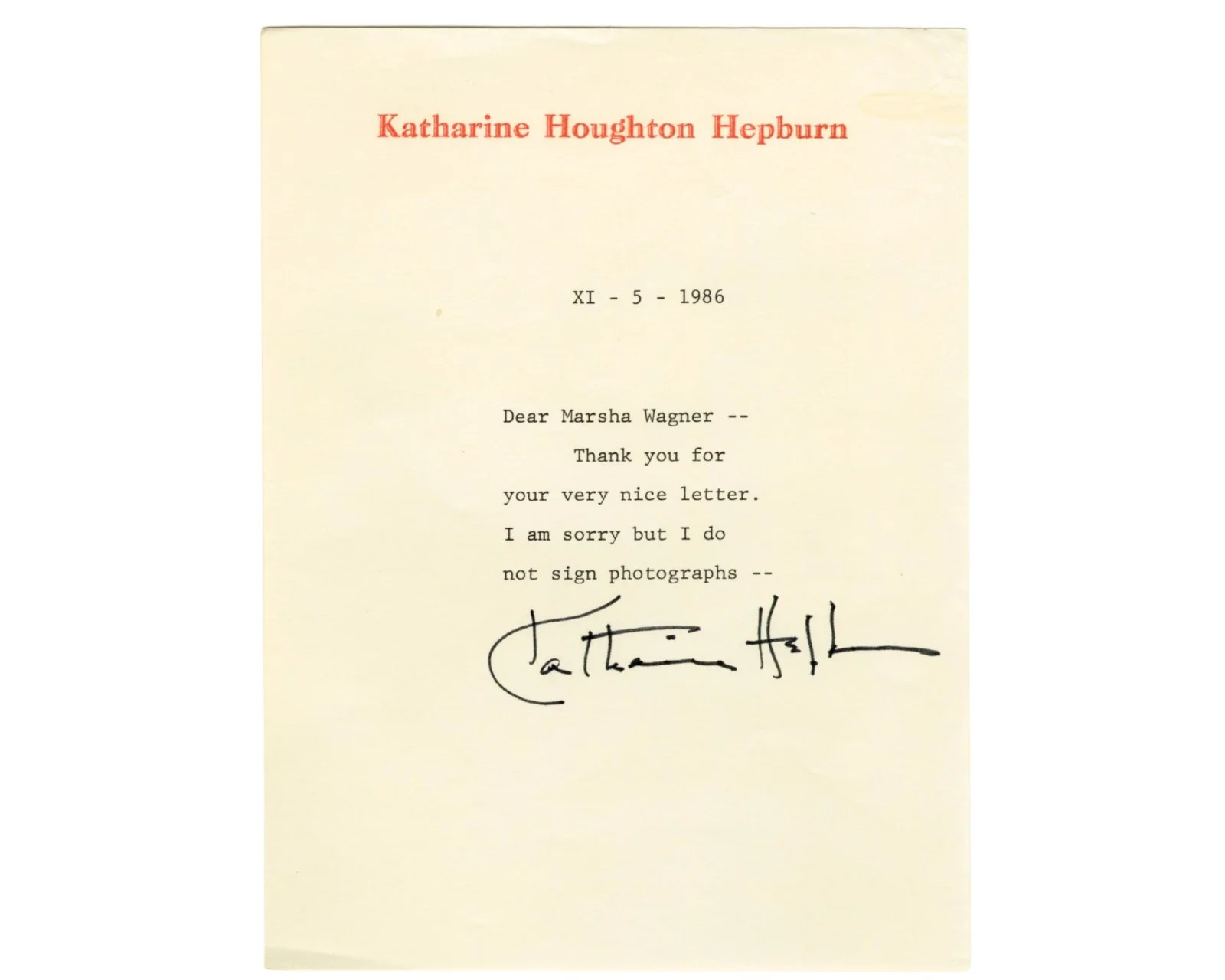 Katherine Hepburn — Iconic Actress Katharine Hepburn Signed Letter PSA "I do not sign photographs"