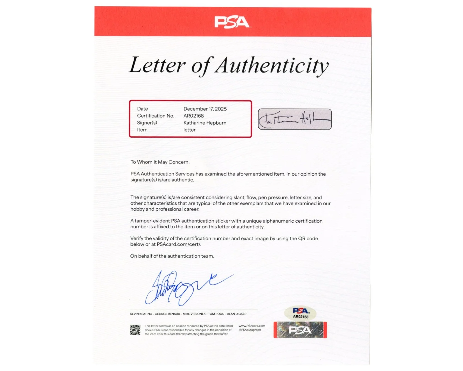 Katherine Hepburn — Iconic Actress Katharine Hepburn Signed Letter PSA "I do not sign photographs", image 2
