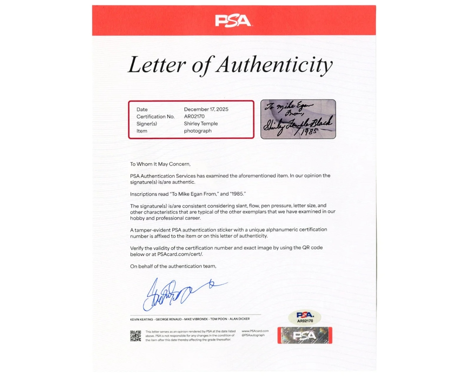 Shirley Temple — Shirley Temple Signed Iconic Photo PSA Auto, image 2
