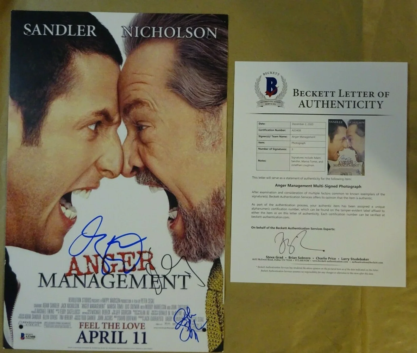 Adam Sandler, Marisa Tomei, Jonathan Loughran — Signed Anger Management Autographed By 3 11"x17" Photo Sandler + Beckett LOA COA