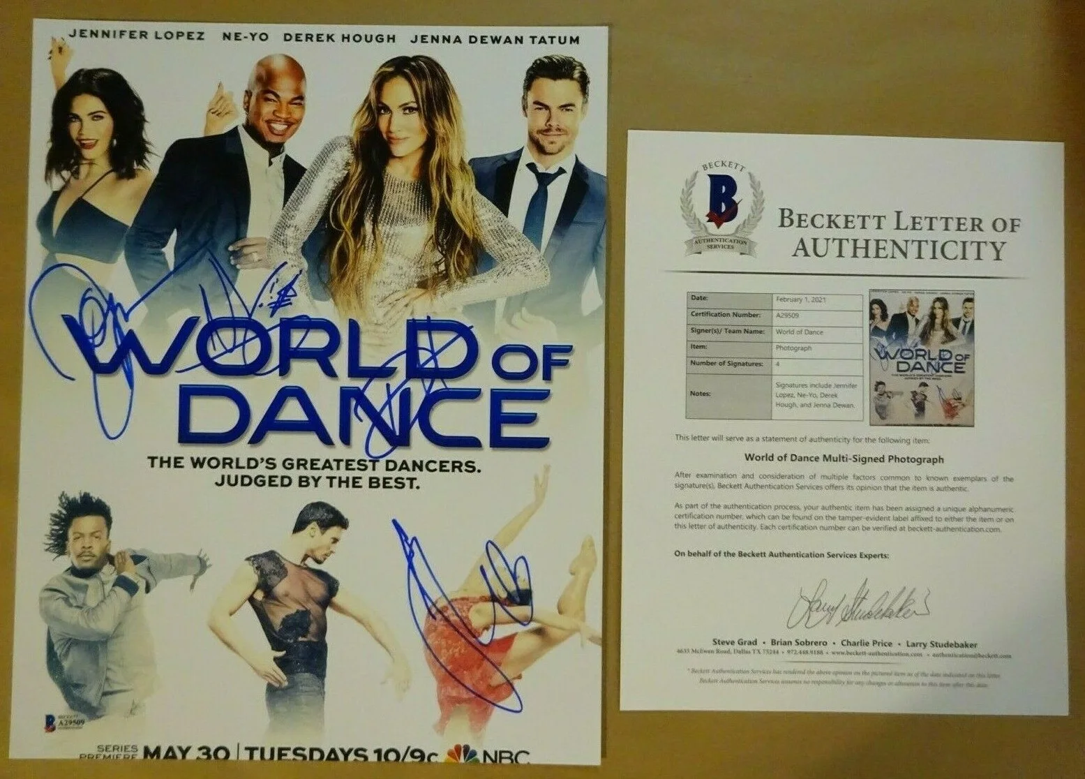 Jennifer Lopez, Ne-Yo, Derek Hough, Jenna Dewan — Signed Ne-Yo D Hough J Dewan JLO J Lopez 11X14 World Of Dance Photo Beckett COA
