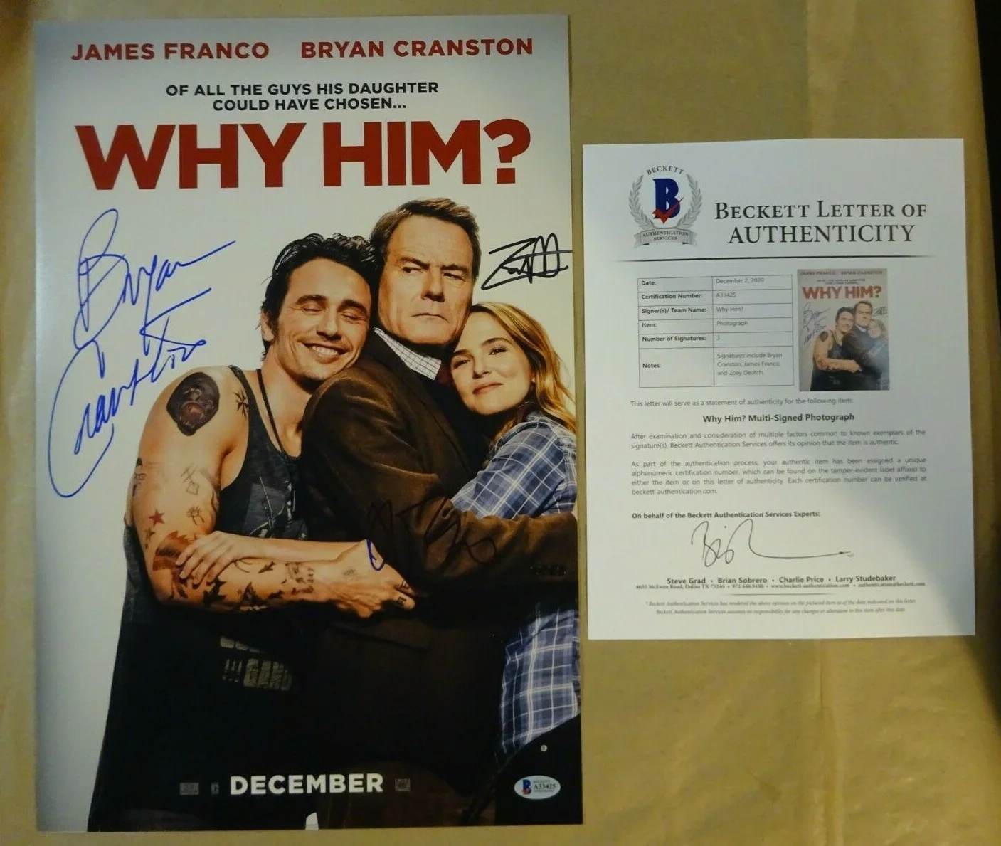 Zoey Deutch, James Franco, Bryan Cranston — Signed WHY HIM Autographed By 3 12"x18" Photo Cranston Franco + BECKETT LOA COA