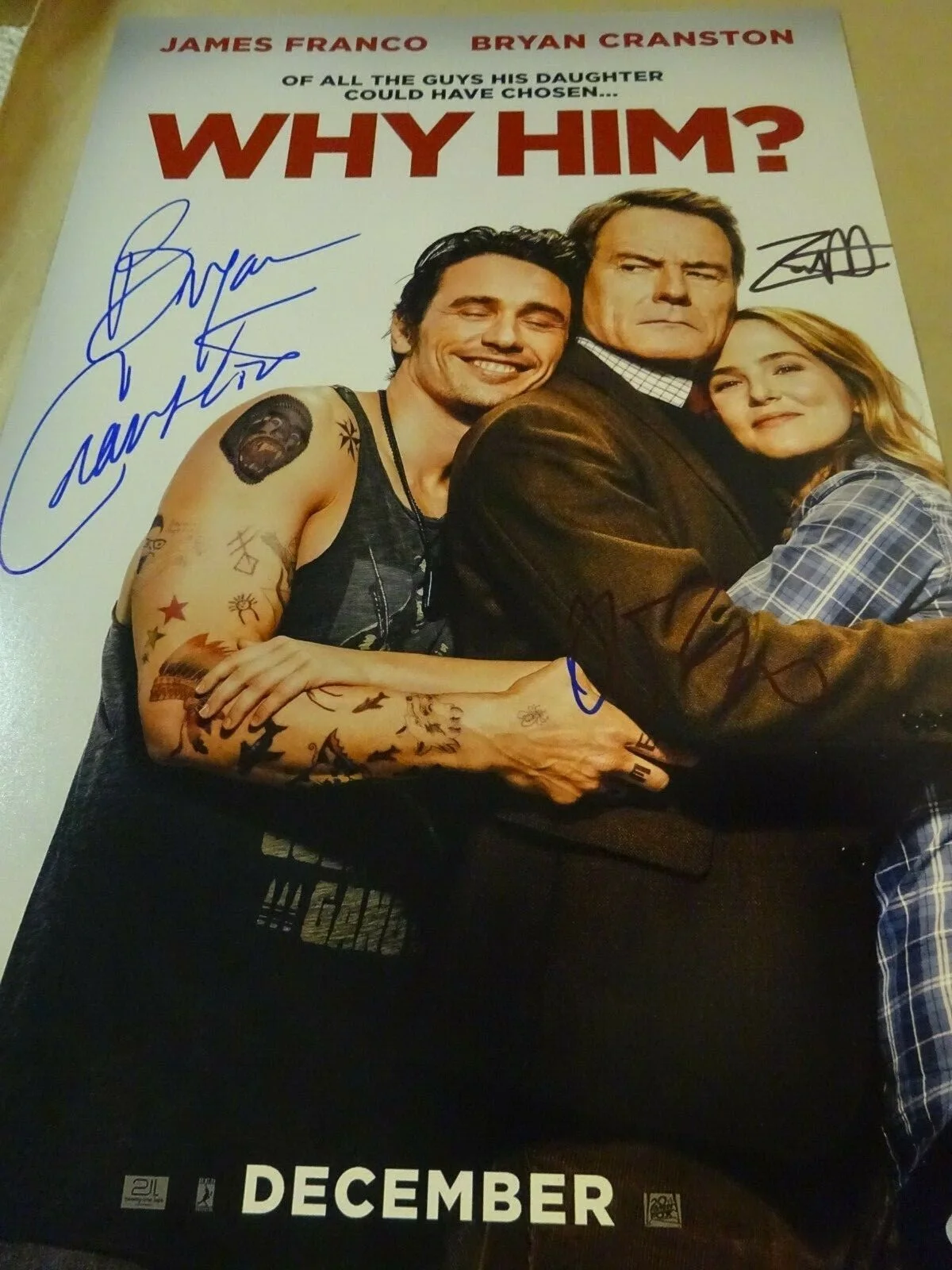 Zoey Deutch, James Franco, Bryan Cranston — Signed WHY HIM Autographed By 3 12"x18" Photo Cranston Franco + BECKETT LOA COA, image 3