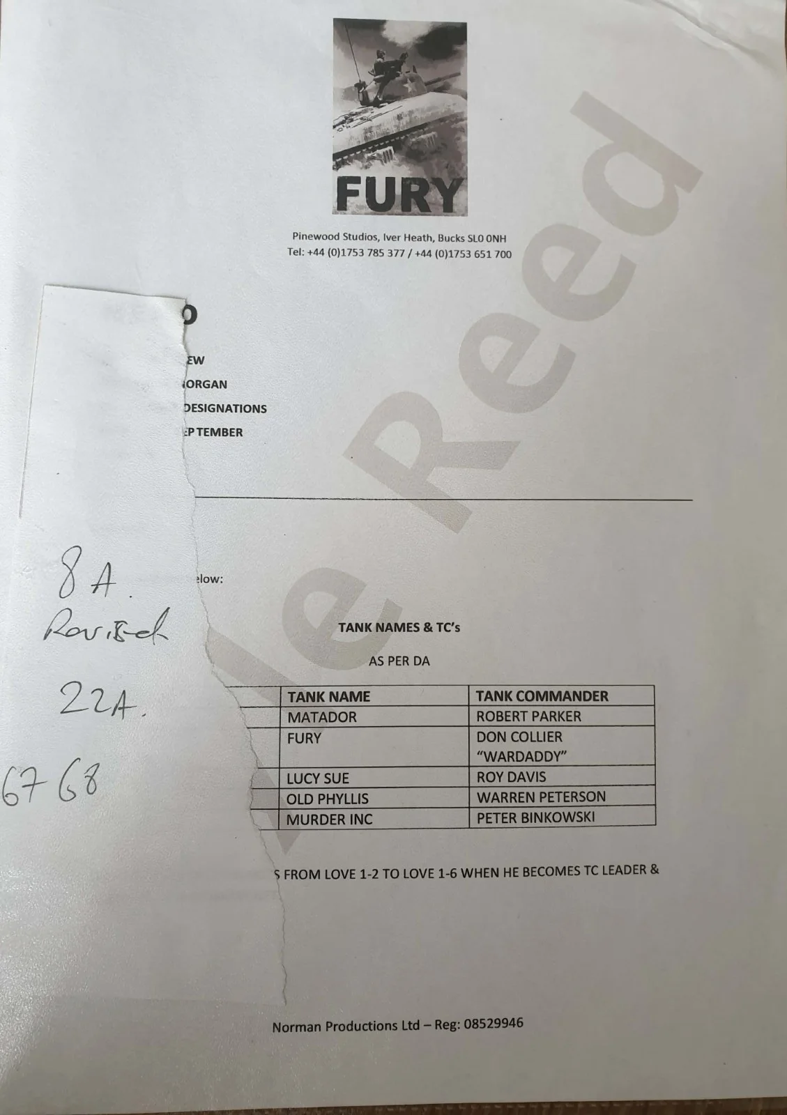 Fury Movie Brad Pitt Wardaddy Prop Callsheets Paperwork, image 2