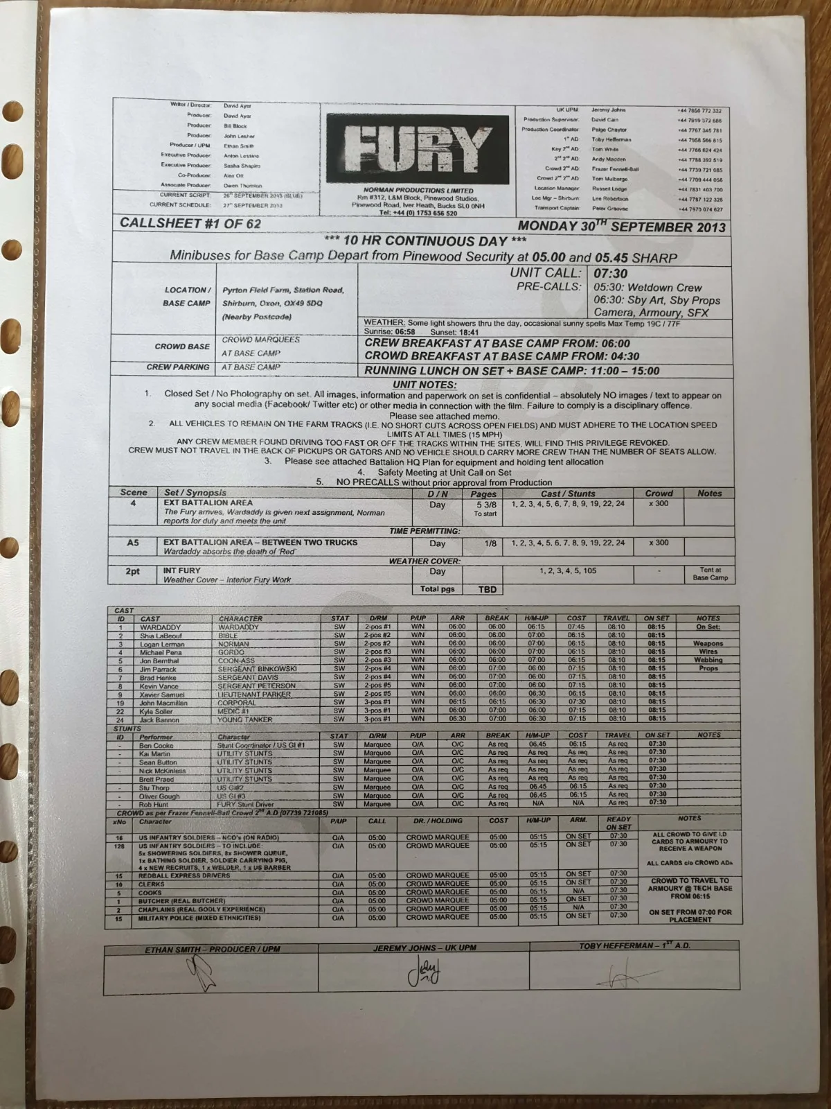 Fury Movie Brad Pitt Wardaddy Prop Callsheets Paperwork, image 3
