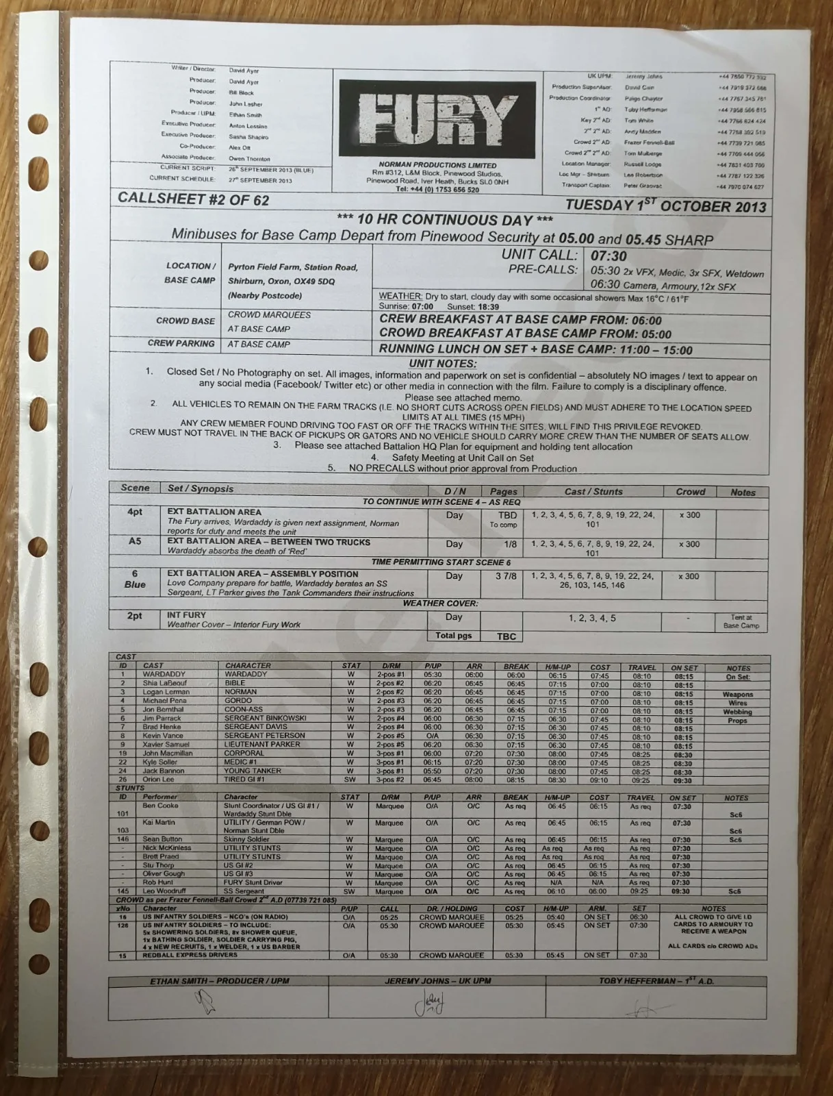 Fury Movie Brad Pitt Wardaddy Prop Callsheets Paperwork, image 4