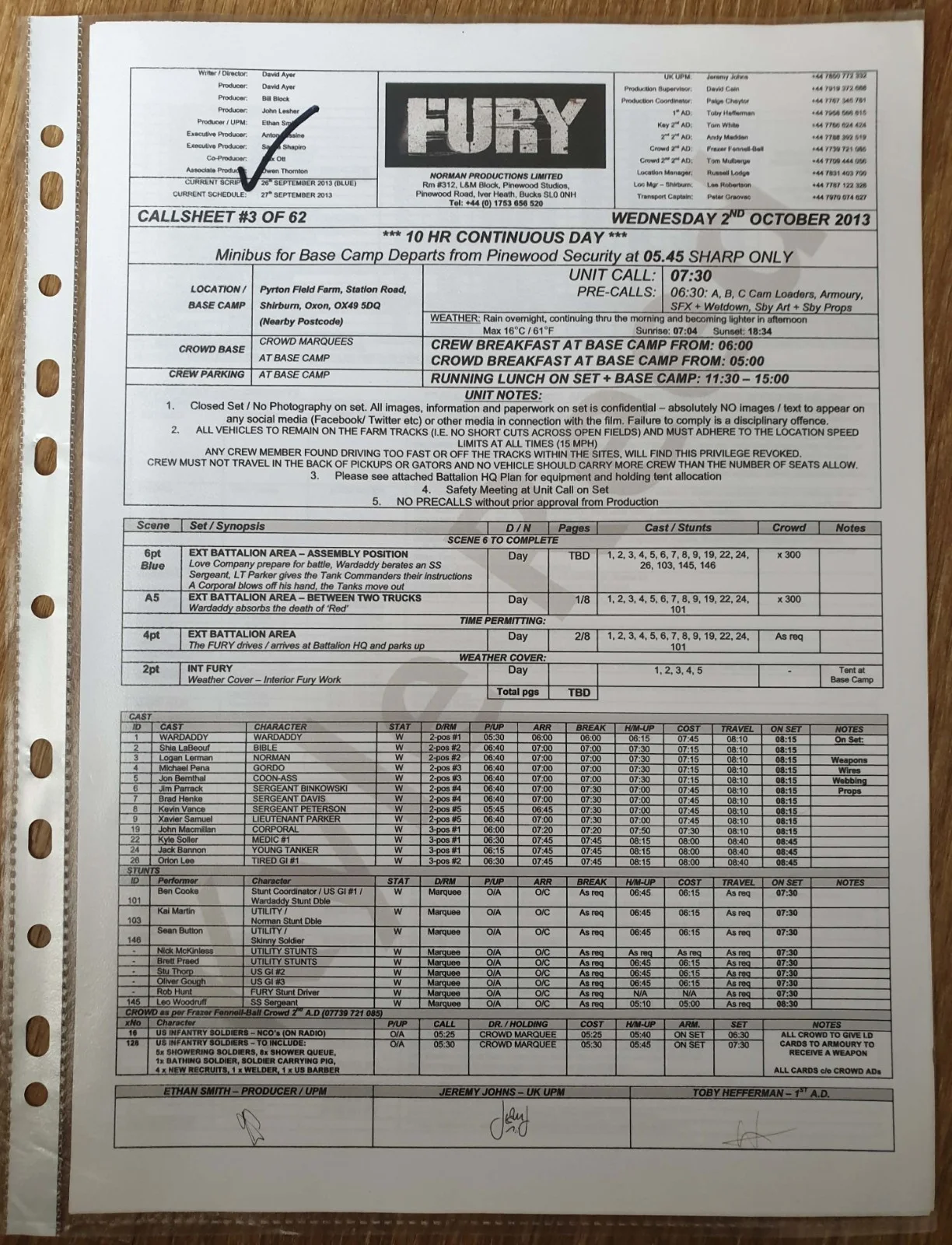 Fury Movie Brad Pitt Wardaddy Prop Callsheets Paperwork, image 5