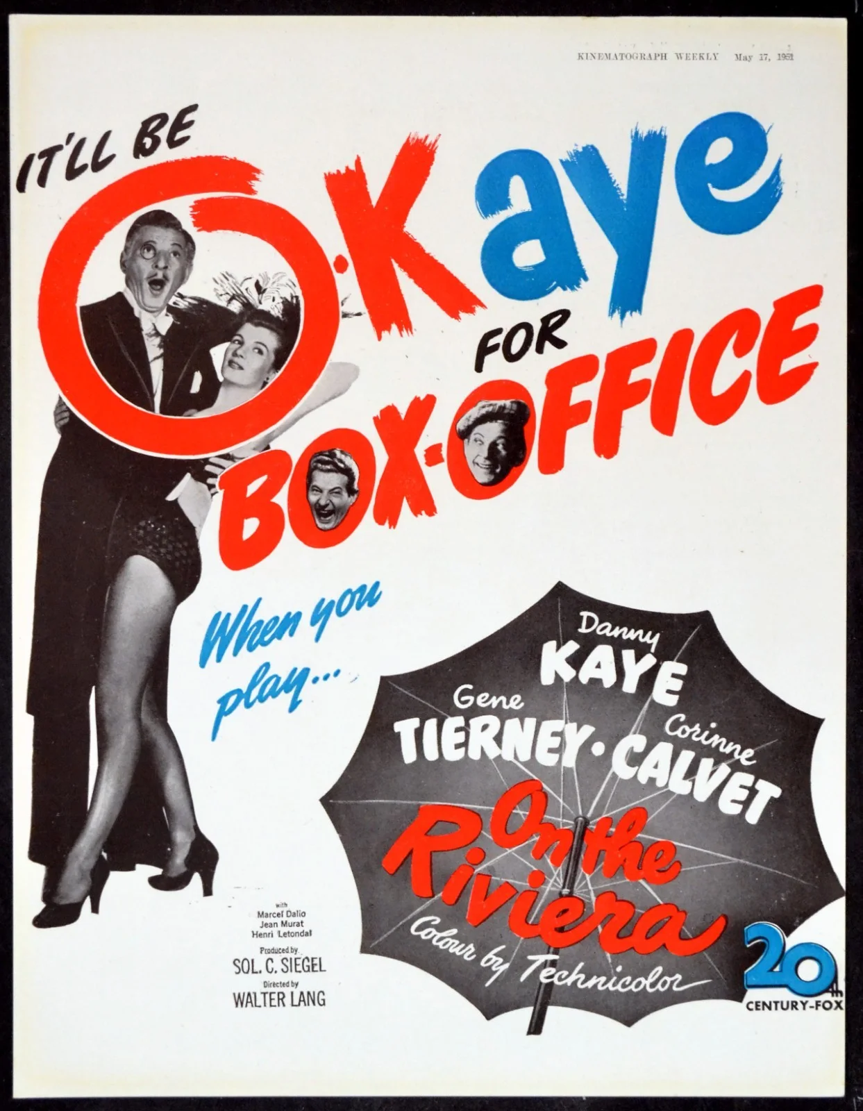 ON THE RIVIERA 1951 Danny Kaye, Gene Tierney, Corinne Calvet 2 TRADE ADVERTS, изображение 2