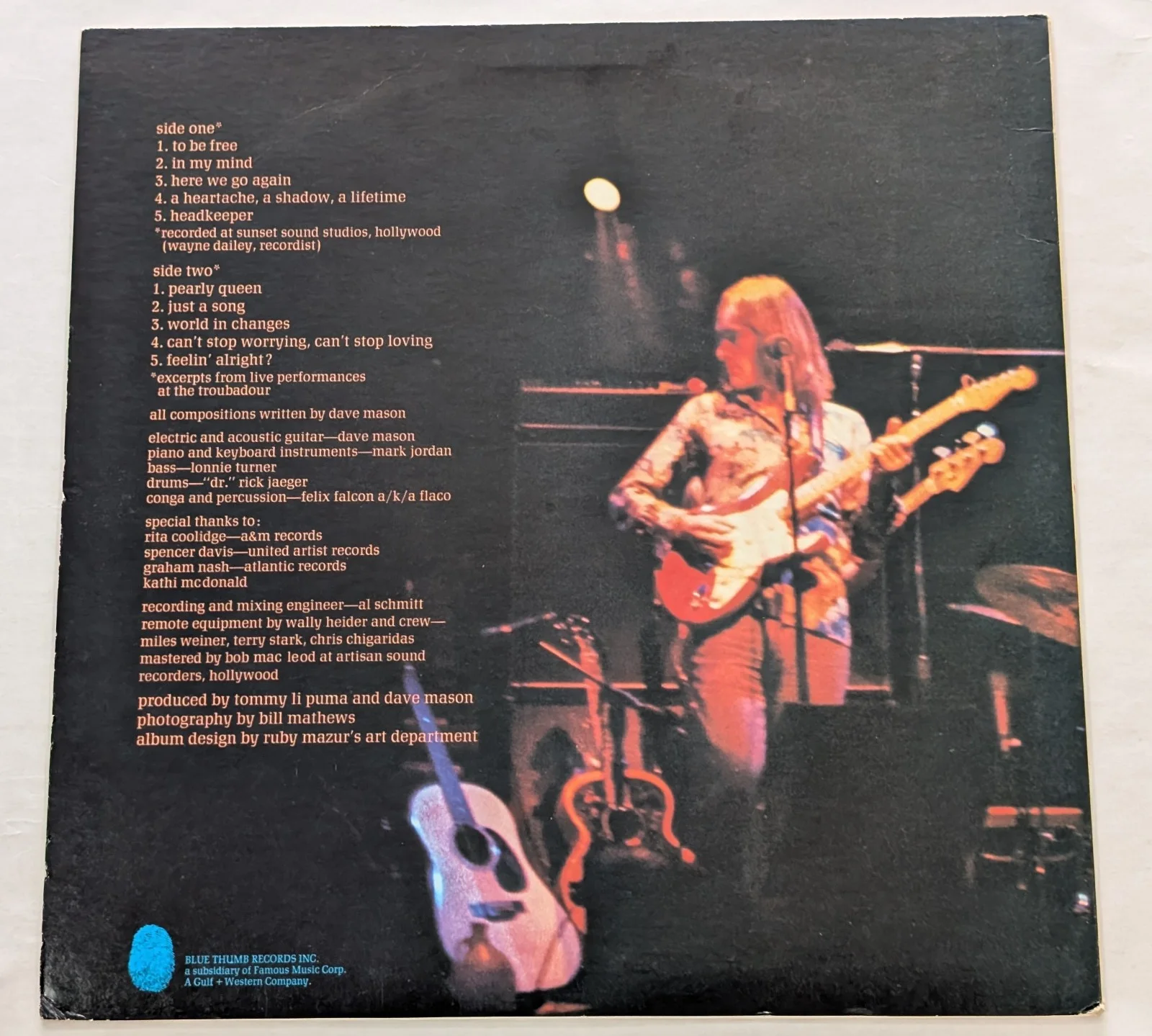 Dave Mason Headkeeper SIGNED AUTOGRAPHED vinyl LP Blue Thumb BTS 34 1972 Traffic, image 2