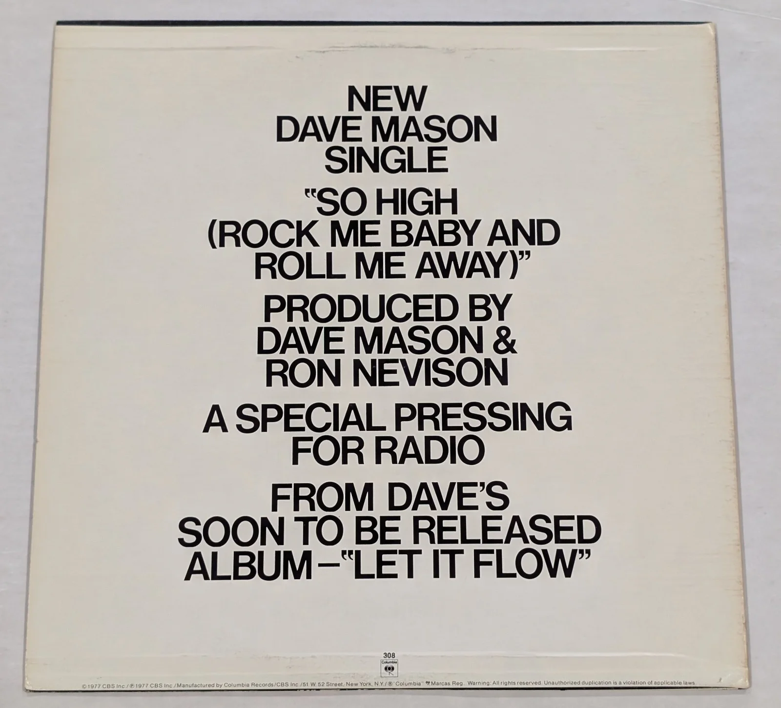 Dave Mason So High SIGNED AUTOGRAPHED vinyl 12" Promo Single Columbia ASF 308, изображение 2
