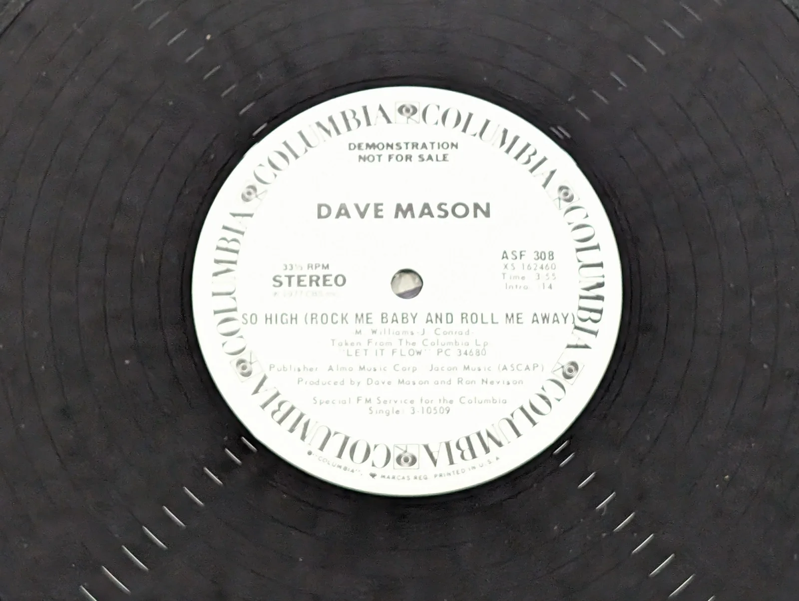Dave Mason So High SIGNED AUTOGRAPHED vinyl 12" Promo Single Columbia ASF 308, изображение 5