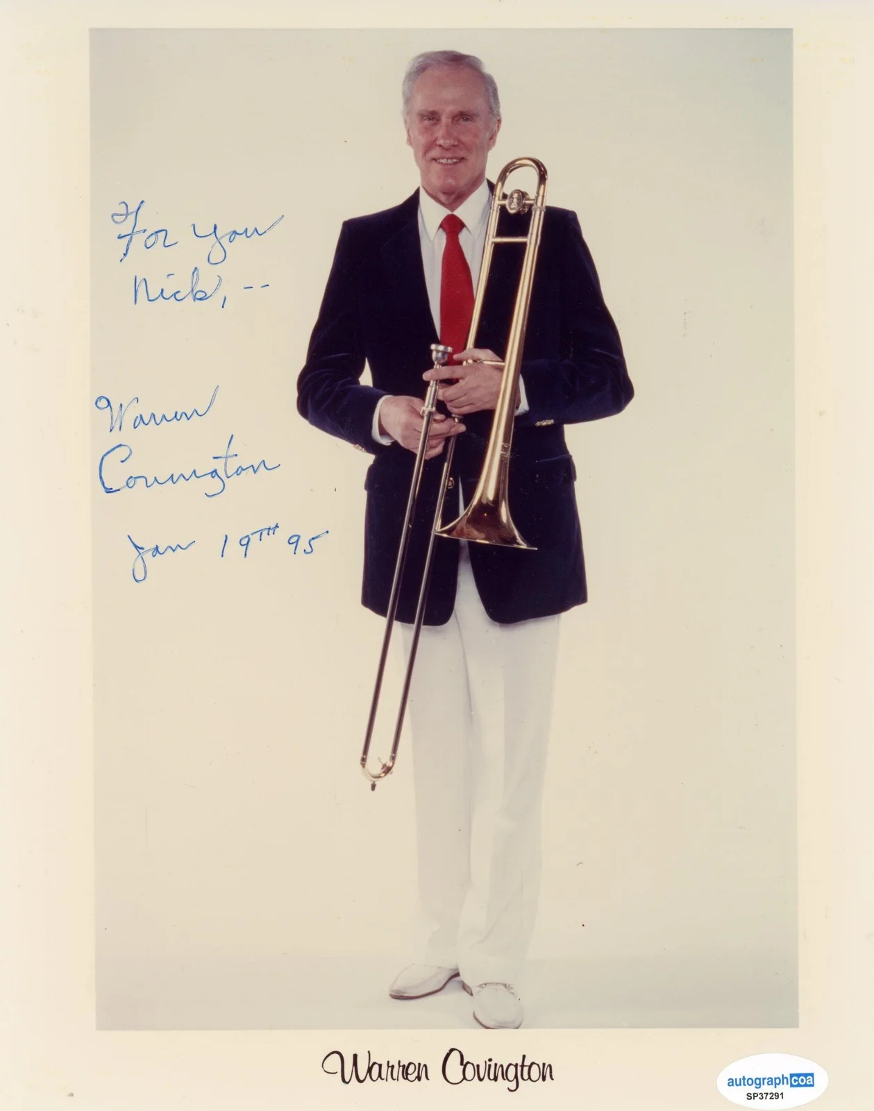 Warren Covington — Warren Covington "Tea for Two Cha Cha" Trombonist SIGNED 8x10 Photo 'To Nick', изображение 2