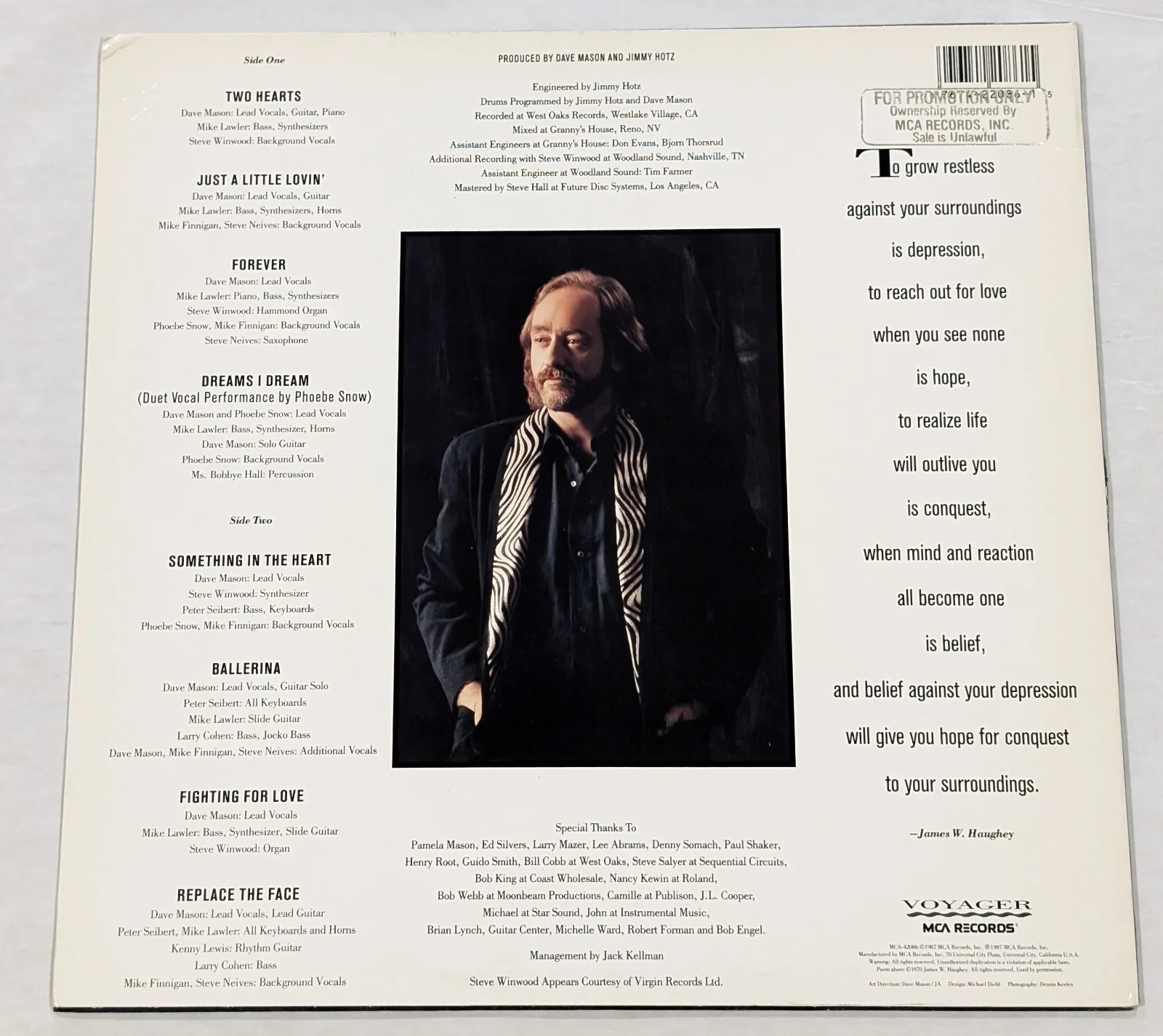 Dave Mason Two Hearts SIGNED AUTOGRAPHED Promo vinyl LP MCA Records 1987 Hype, изображение 3