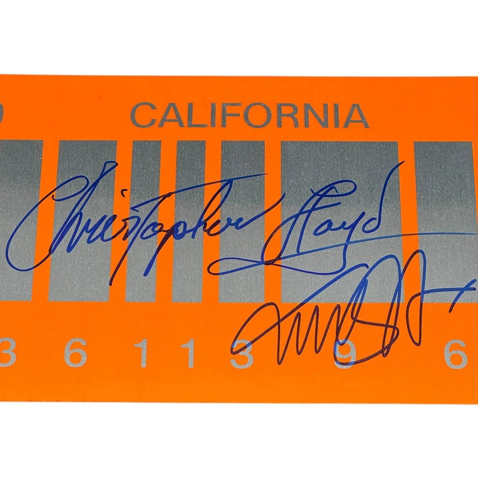 Michael J Fox, Christopher Lloyd — Michael J Fox + Christopher Lloyd Signed Orange License Plate BTTF Beckett COA, image 2