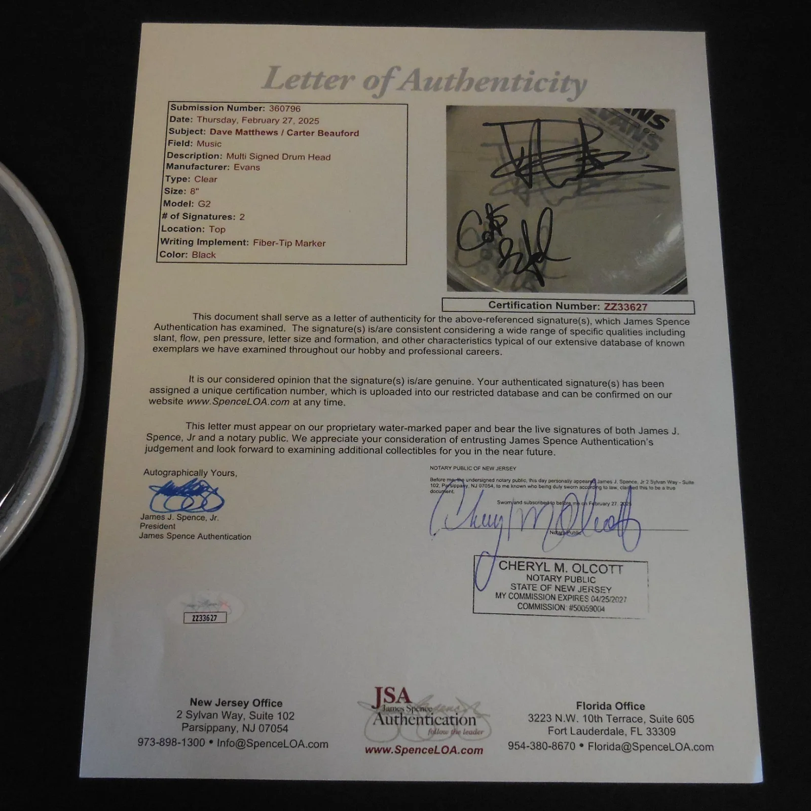 DAVE MATTHEWS & CARTER BEAUFORD AUTOGRAPHED 8" EVANS CLEAR DRUMHEAD JSA FULL LOA, image 4