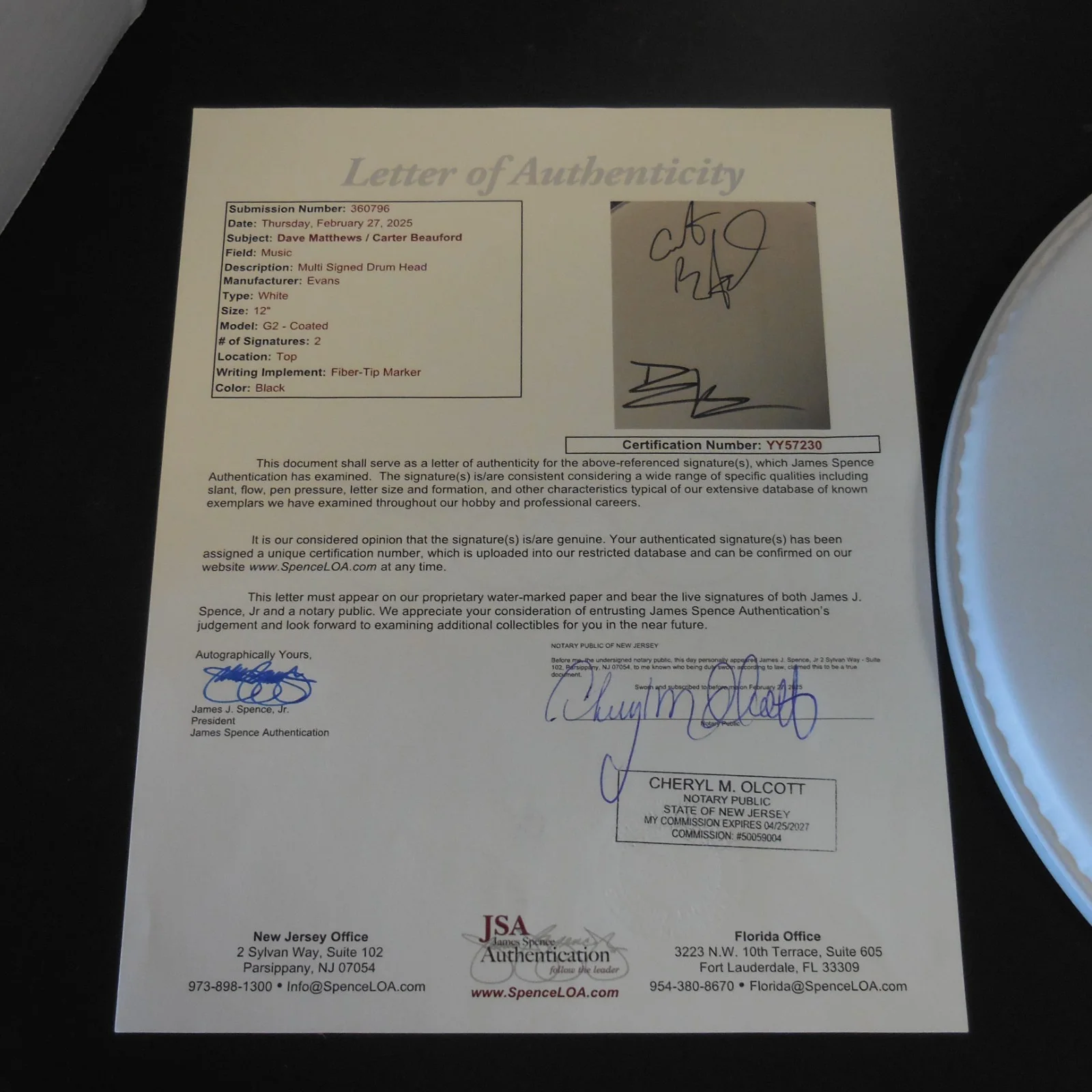 DAVE MATTHEWS & CARTER BEAUFORD SIGNED EVANS 12" DRUMHEAD D.M.B. JSA FULL LOA, image 2