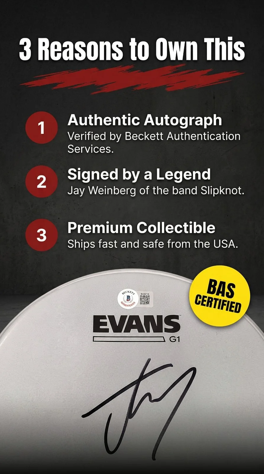 Jay Weinberg — Jay Weinberg Signed Evans 10 Inch Drumhead Slipknot Drummer Beckett BAS COA, image 2