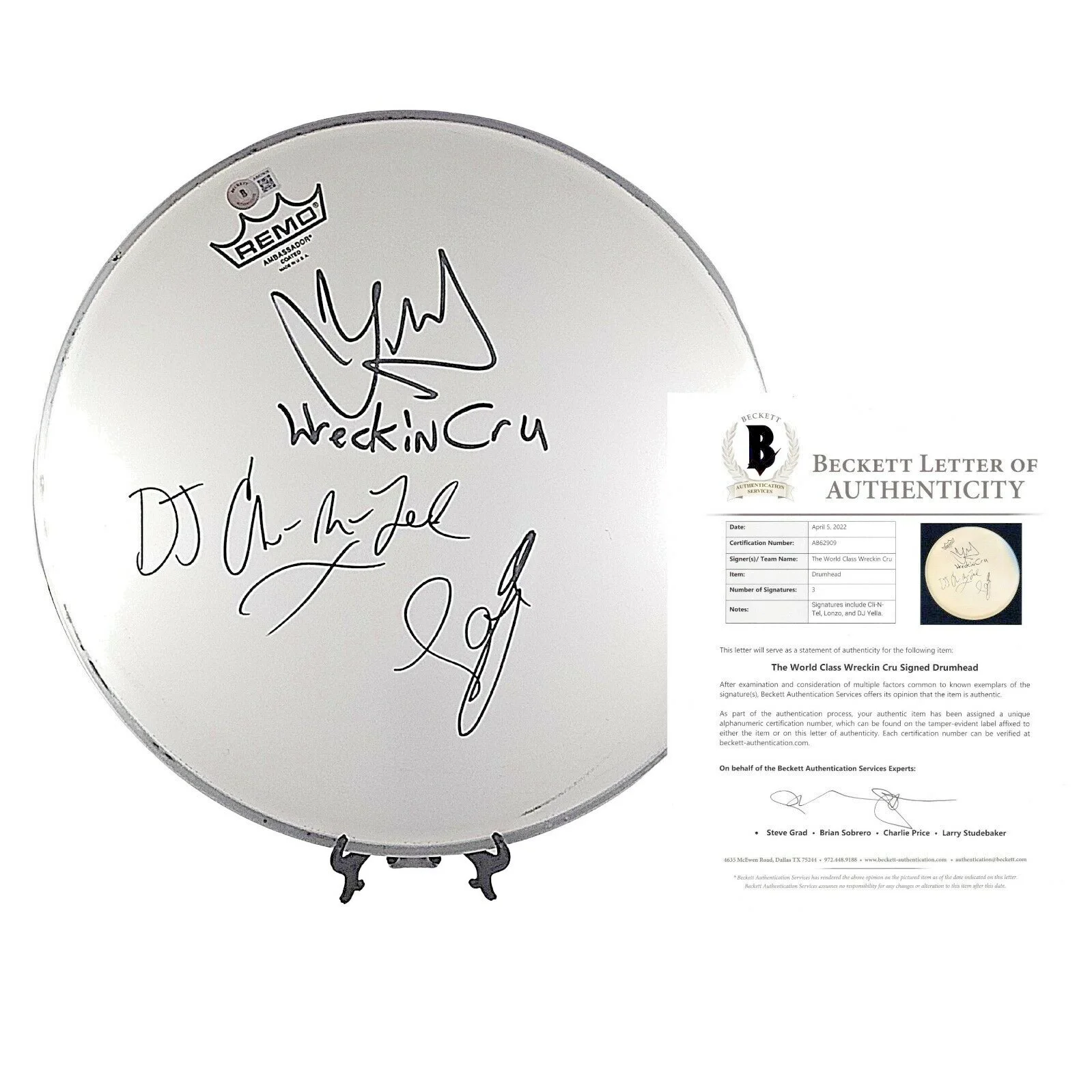 DJ Yella, Lonzo, DJ Cli-N-Tel — World Class Wreckin Cru Signed Drumhead Beckett BAS COA DJ Yella Lonzo Cli N Tel