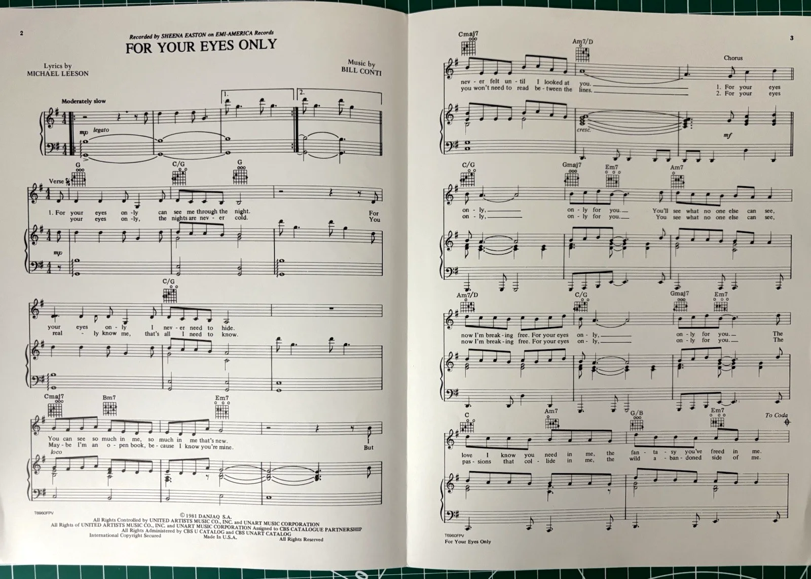 SHEENA EASTON — SHEENA EASTON 'FOR YOUR EYES ONLY' HAND SIGNED 1981 SHEET MUSIC BY BILL CONTI, изображение 3